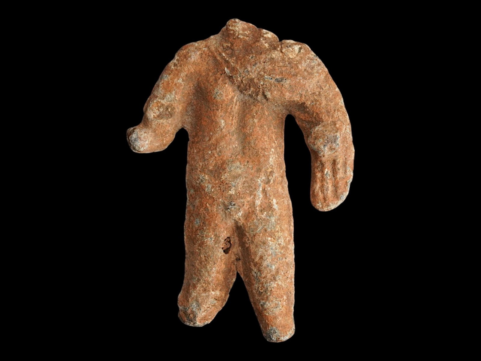 ANCIENT ROMAN EMPIRE LEAD VOTIVE GLADIATOR STATUE: A fragment of an Ancient Roman lead sculpture, headless male figure, presumably a votive offering. Imperial Rome era, ca. 100 BC to 300 AD. Historical Relics And Archaeological Finds, Metalworks And S