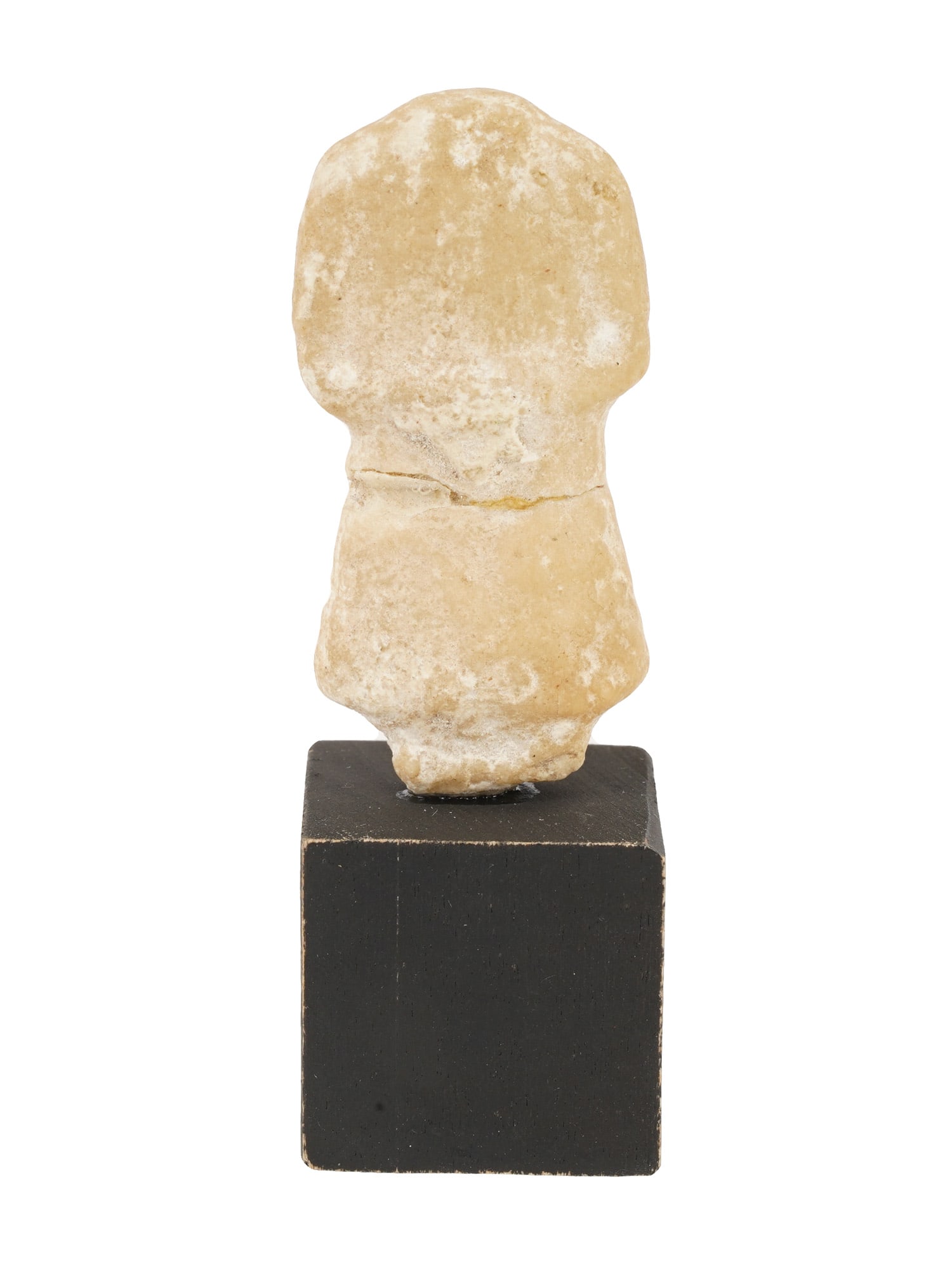 ANCIENT ROMAN CARVED MARBLE FIGURINE FRAGMENT: An ancient Roman hand carved marble sculptural fragment, depicting a dressed body of a human. Circa 100 to 300 AD. Comes with a painted black wooden cube stand. Ancient Roman Hand Carved Sculptures, F