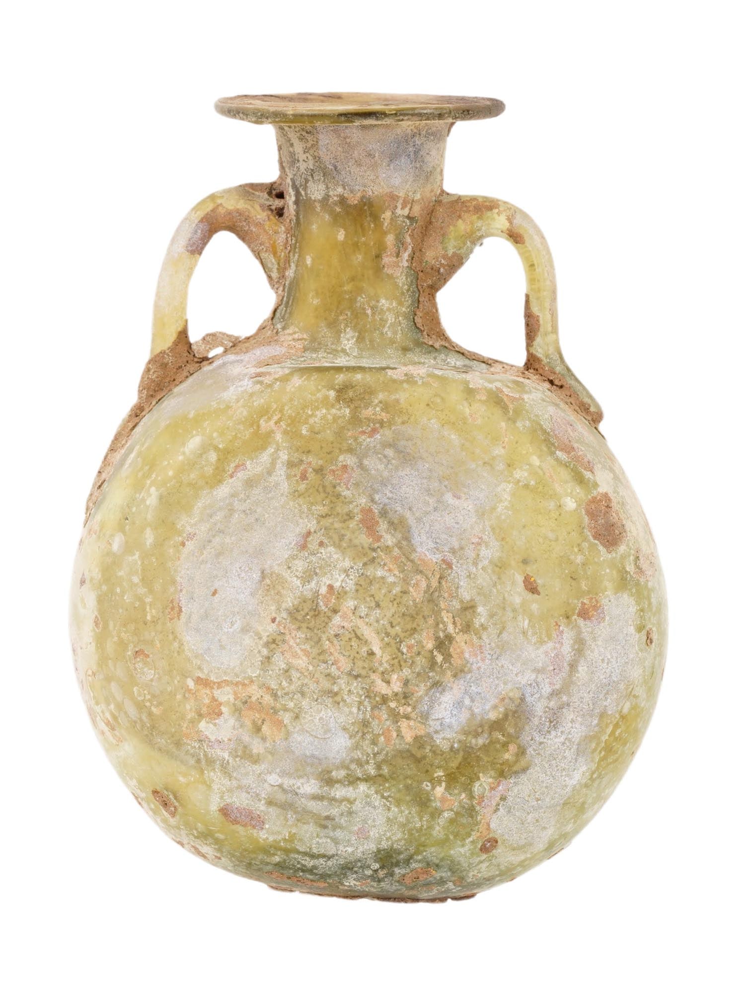 ANCIENT ROMAN GLASS PERFUME BOTTLE 100 TO 300 AD: An ancient Roman olive glass perfume bottle. A rounded shaped body with an elongated mouth and two small side handles. Circa: 100 to 300 AD. Ancient and Antique Roman Glass Bottles and Flasks, Museum 