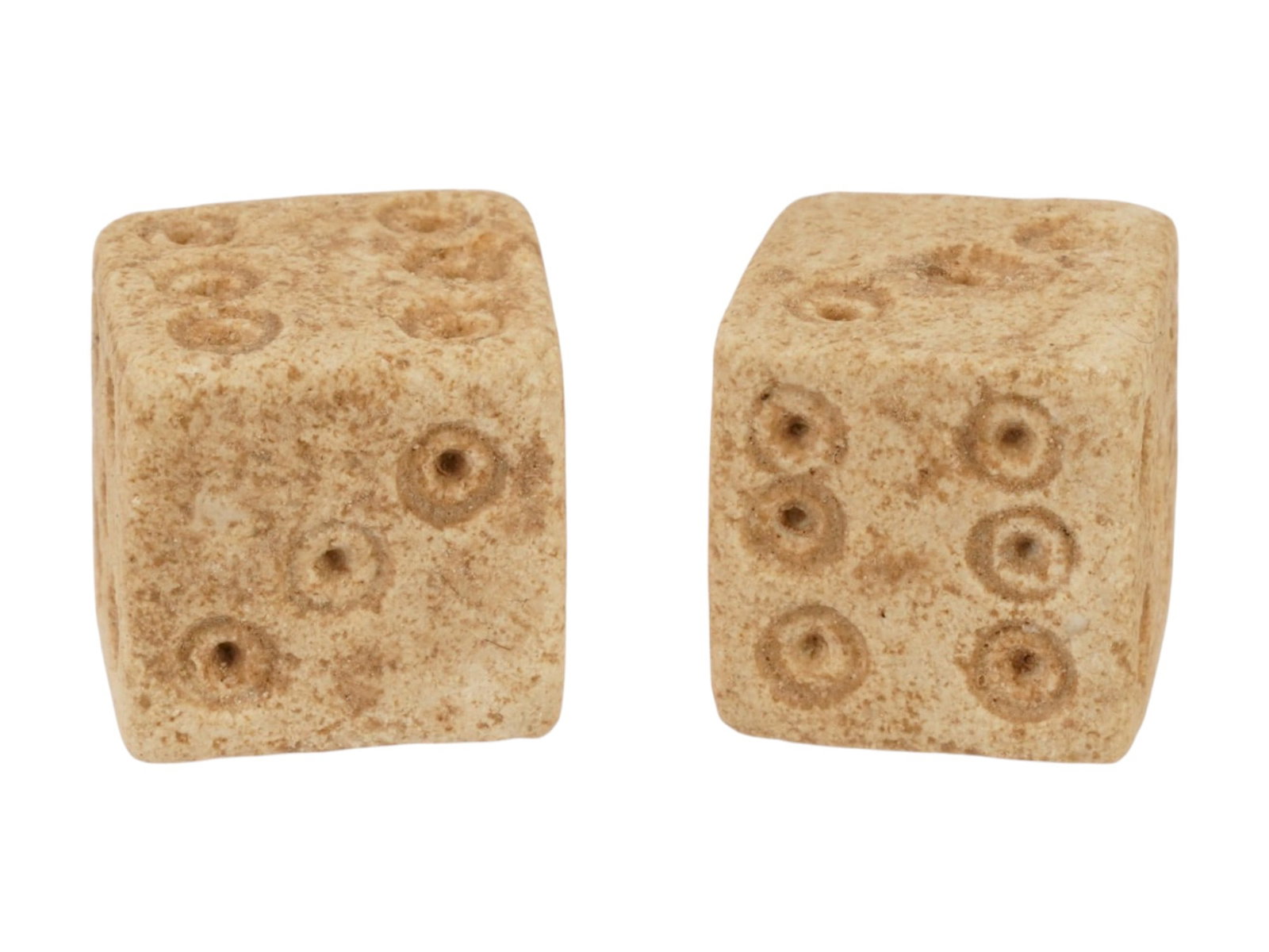 PAIR OF ANCIENT ROMAN STONE DICE 100 TO 300 AD: A pair of ancient Roman carved stone gaming dice. Imperial Rome era, circa 100 to 300 AD. Square shape. Archaeological Finds And Relics, Stone Carvings, and Collectibles. THIS LOT IS ELIGIBLE FOR A 30