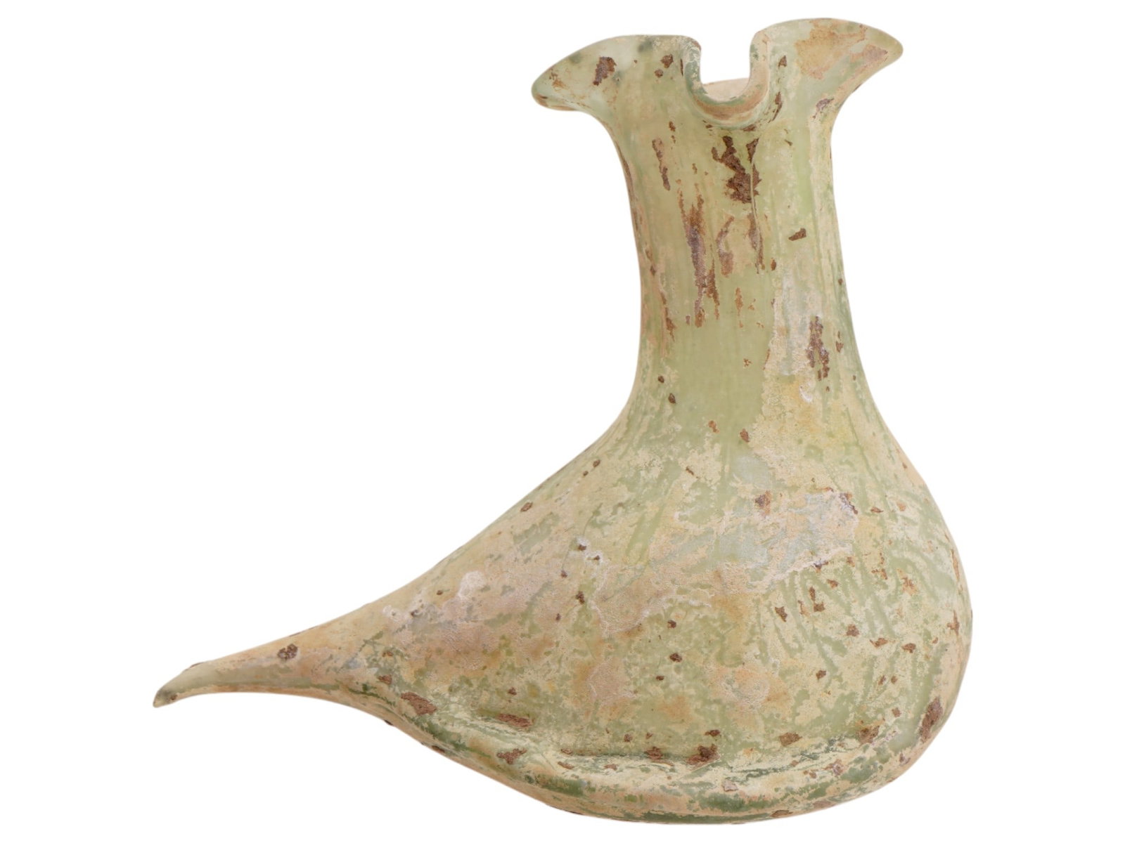 ANCIENT ROMAN GLASS PERFUME FUNNEL 100 TO 300 AD: An ancient Roman glass perfume funnel, circa 100 to 300 AD. Shaped in the form of a bird, it features a rounded body, a long neck terminating in a trefoil lip, and an elongated, slender tail extending