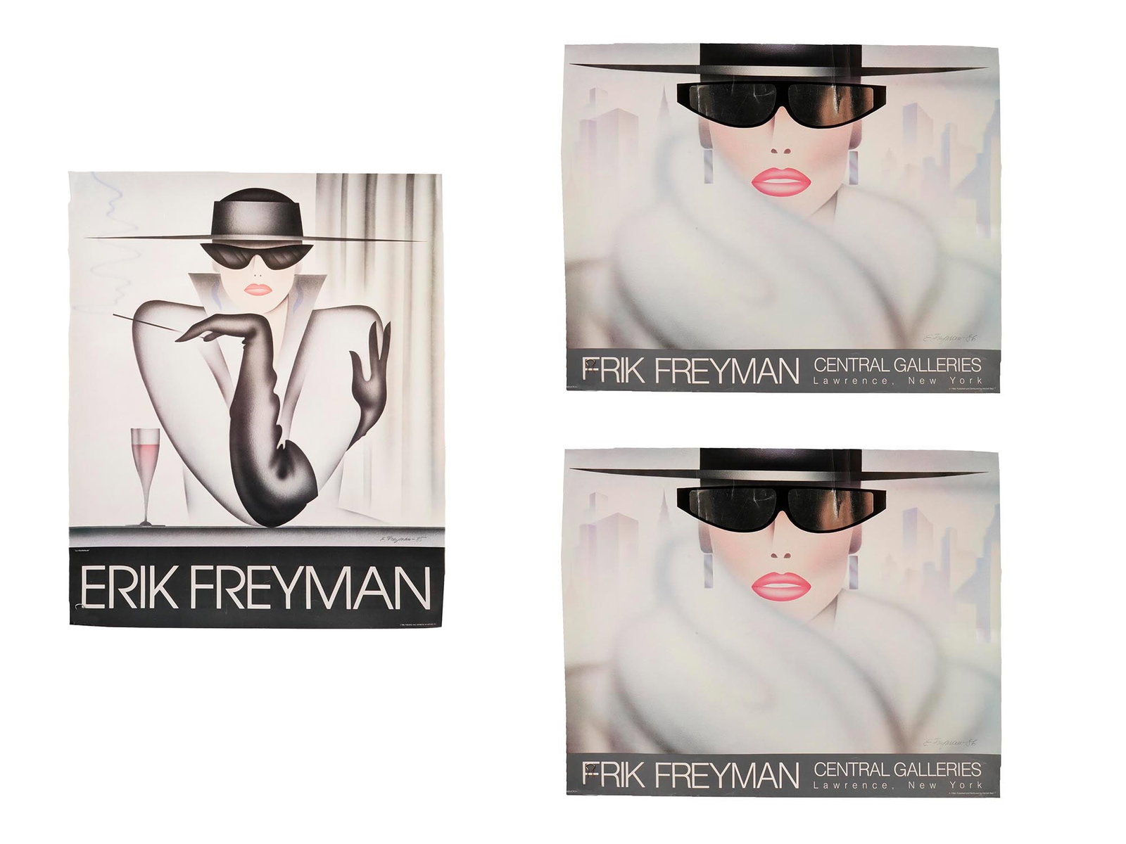 ART DECO SIGNED POSTERS BY ERIK FREYMAN FEMALE FIGURES: A group of Art Deco-inspired artworks by Russian-American artist Erik Freyman, 1932 to 2018, including La Mysterieuse and two examples of Reflections. The compositions depict elegant female figures
