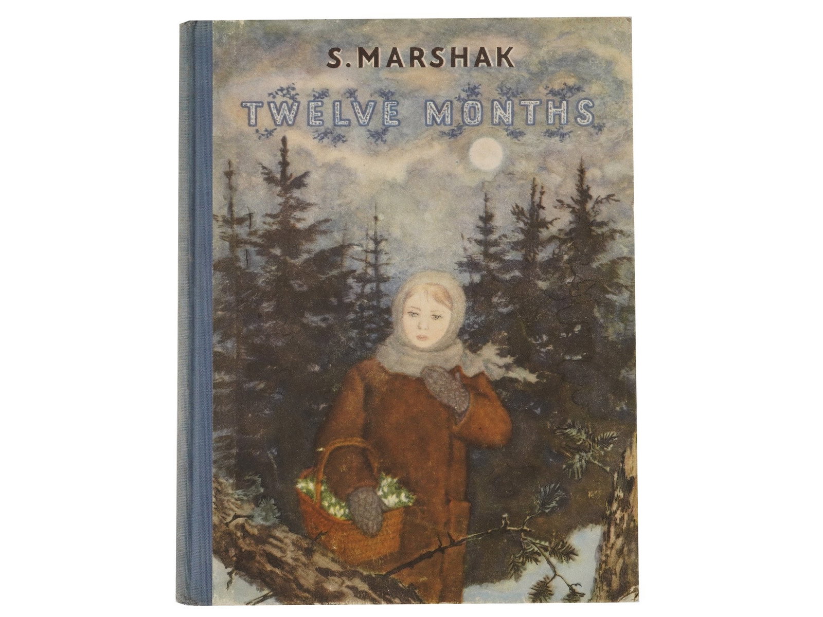 SOVIET CHILDRENS BOOK IN ENGLISH ILLUSTRATED BY LEBEDEV: A Russian Soviet childrens book in English translation titled Twelve Months, by Samuil Marshak, 1887 to 1964, a foundational figure in Soviet childrens literature. This specific edition is an English 