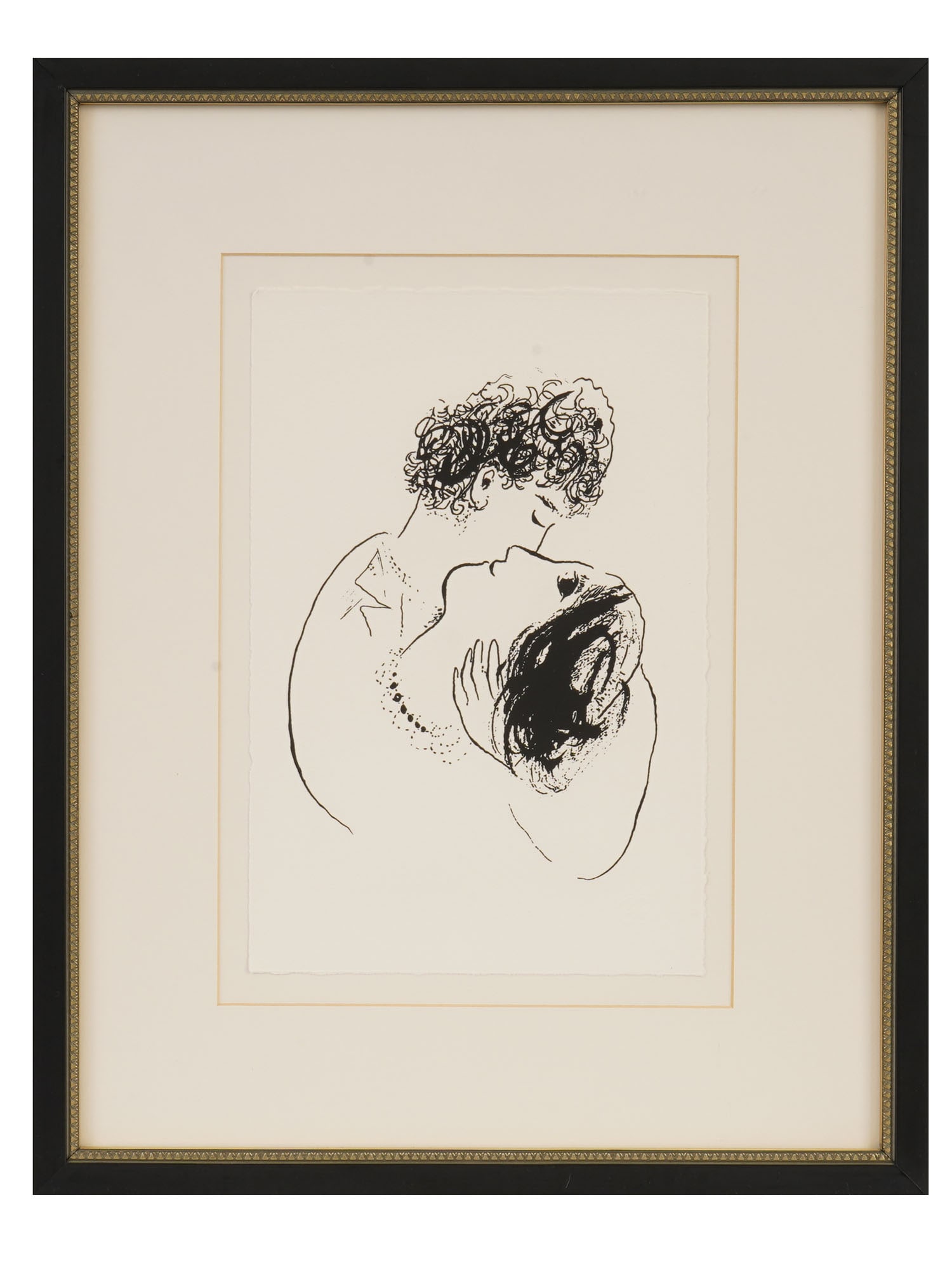 MARC CHAGALL LTD ED SILKSCREEN THE FIRST ENCOUNTER: Marc Chagall, Russian-French, 1887 to 1985, silkscreen on paper. The artwork depicts an embracing couple Titled The First Encounter. Unsigned. Ca. 1980s. Published by the MET in 2003. Embossed label l