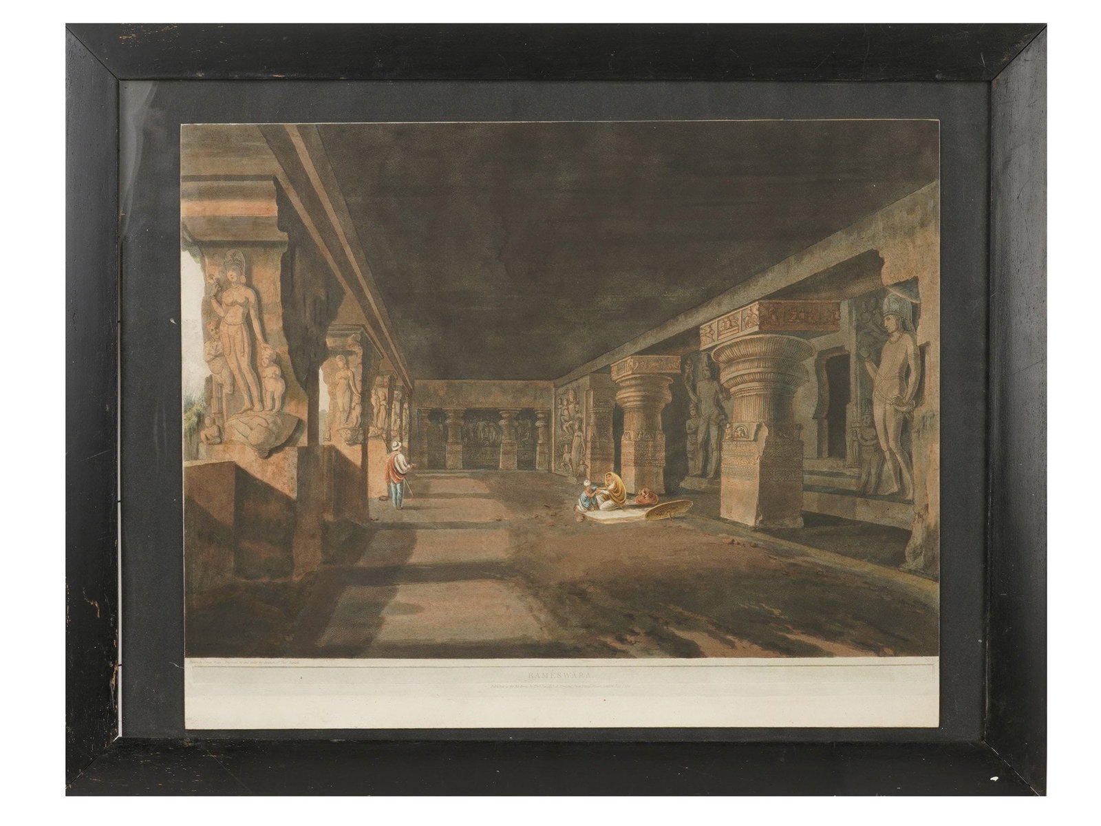 ANTIQUE ENGRAVING JAMES WALES THOMAS DANIELL RAMESWARA: A hand-colored aquatint engraving titled Rameswara, engraved and published by Thomas Daniell, 1749 to 1840, after drawings by James Wales, 1747 to 1795. Issued on June 1, 1803, for the celebrated