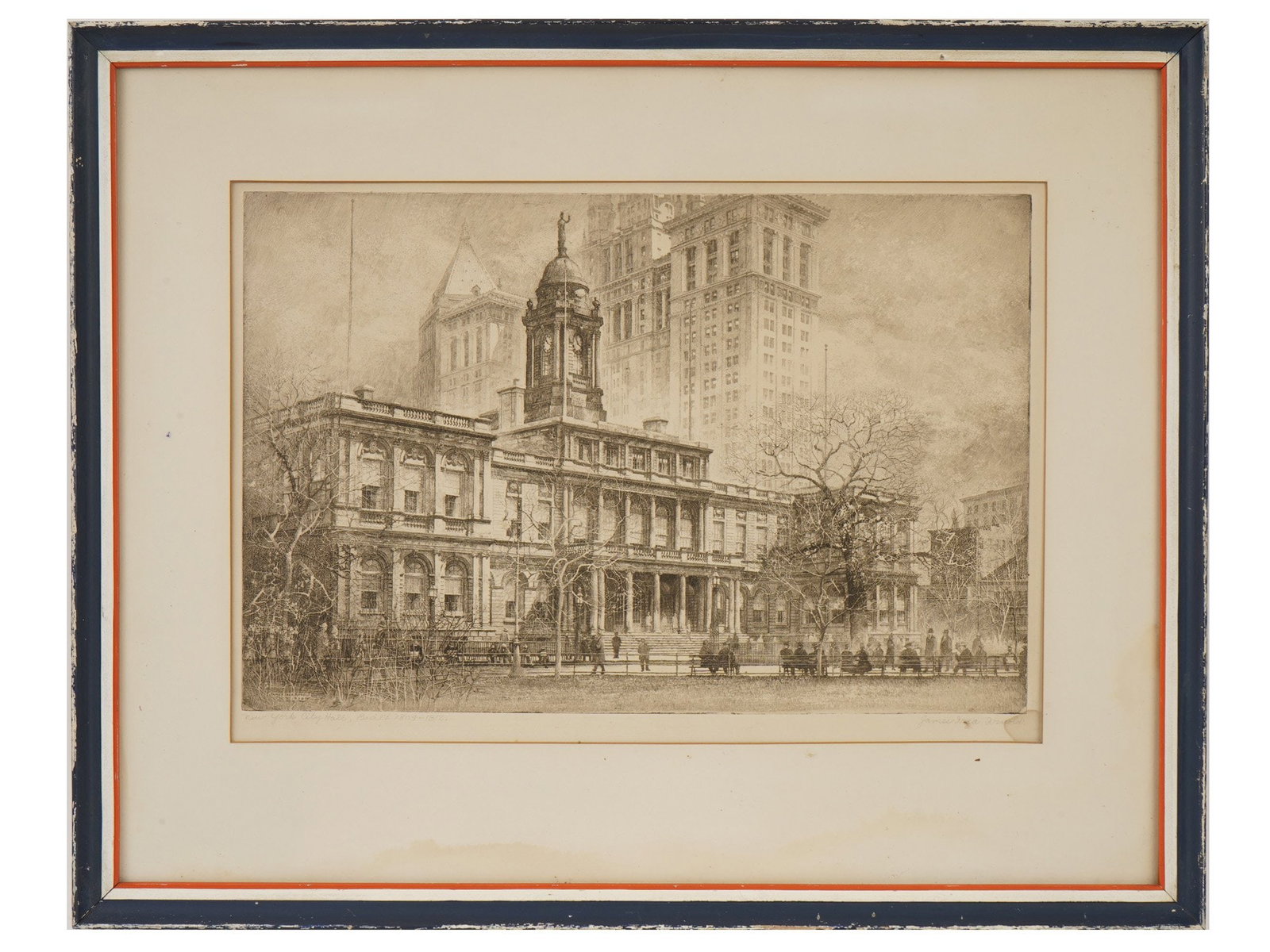 ANTIQUE AMERICAN ENGRAVING BY JAMES IRZA ARNOLD: An antique American engraving by James Irza Arnold, 1887 to 1965. The engraving depicts the New York City Hall building and was created in the 1920s. Signed in pencil lower right. Matted and framed. G