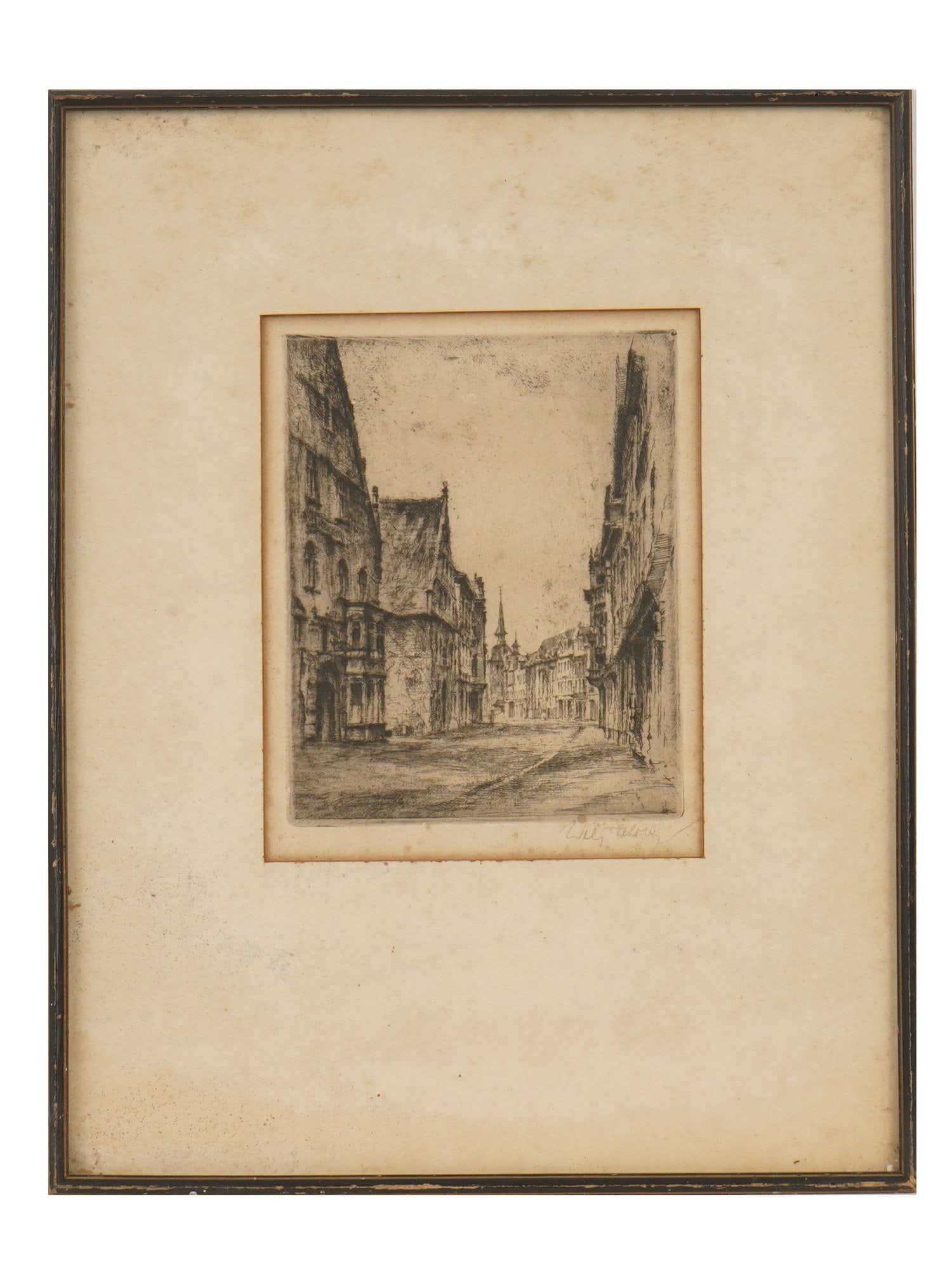 ANTIQUE EUROPEAN CITYSCAPE VIEW ETCHING ON PAPER: An antique etching on paper with a European cityscape view. Illegible signature lower right. Matted and framed. Graphic Art Prints and Collectibles. THIS LOT IS ELIGIBLE FOR A 30-DAY UNCONDITIONAL RET