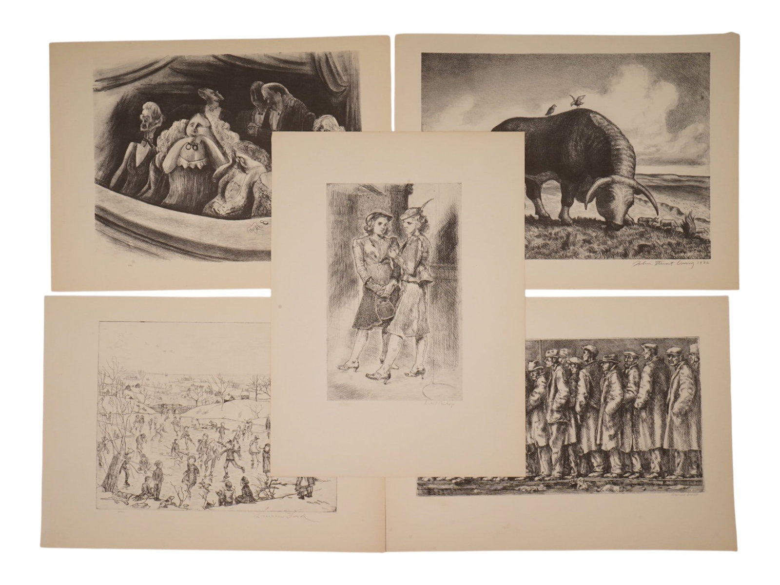GROUP OF FIVE VINTAGE AMERICAN ART PRINTS: A group of five vintage American art prints after works by Adolf Dehn, John Steuart Curry, Isabel Bishop, Lauren Ford, and Reginald Marsh. The collection features notable examples of American realist 