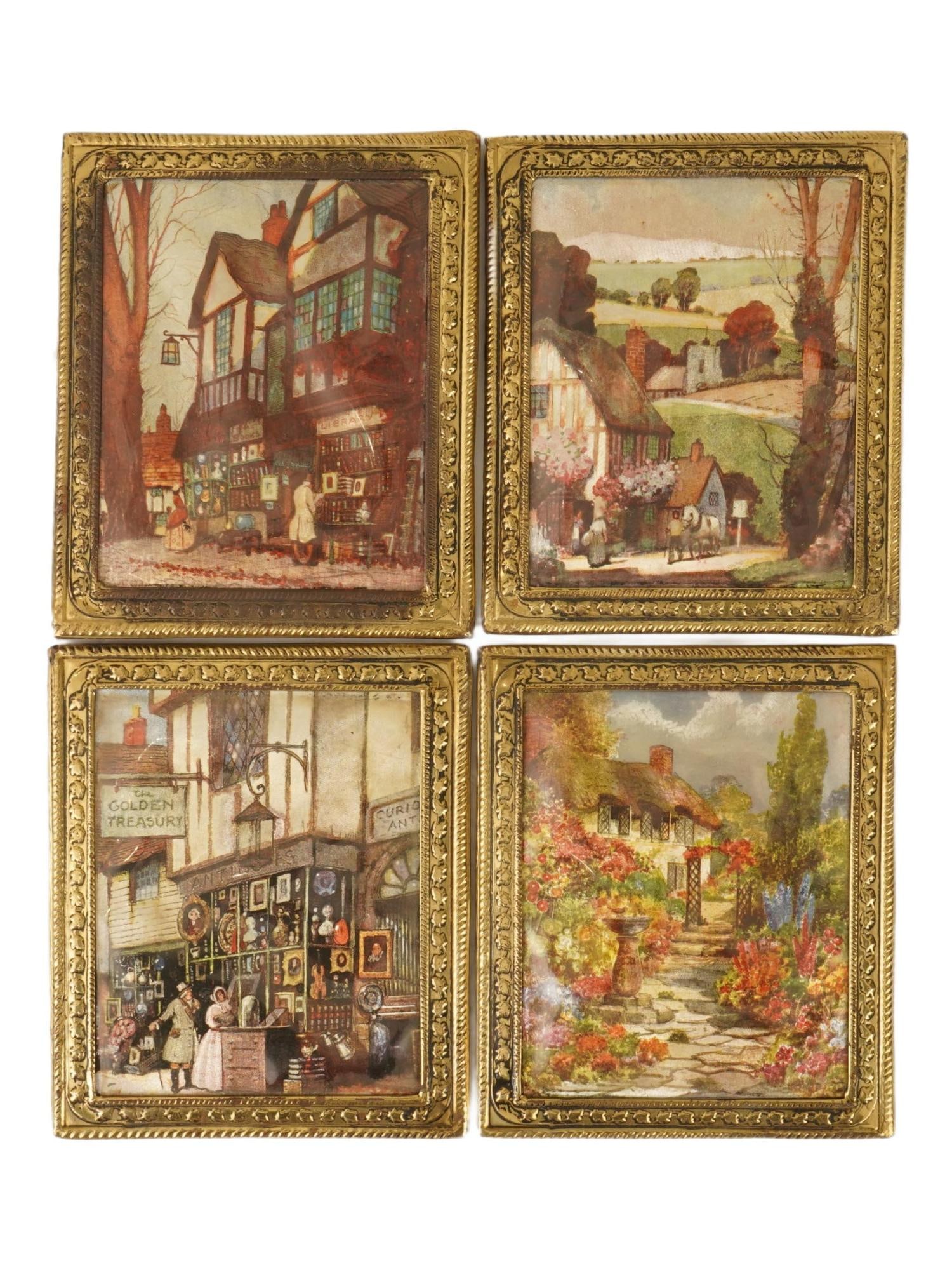 VINTAGE METALLIC FOIL LITHOGRAPH PRINTS ENGLISH VILLAGE: A group of four vintage metallic foil lithograph prints, popular decorative works from the mid-20th century. Produced as lithographs on metallic foil backing, the prints display an iridescent,