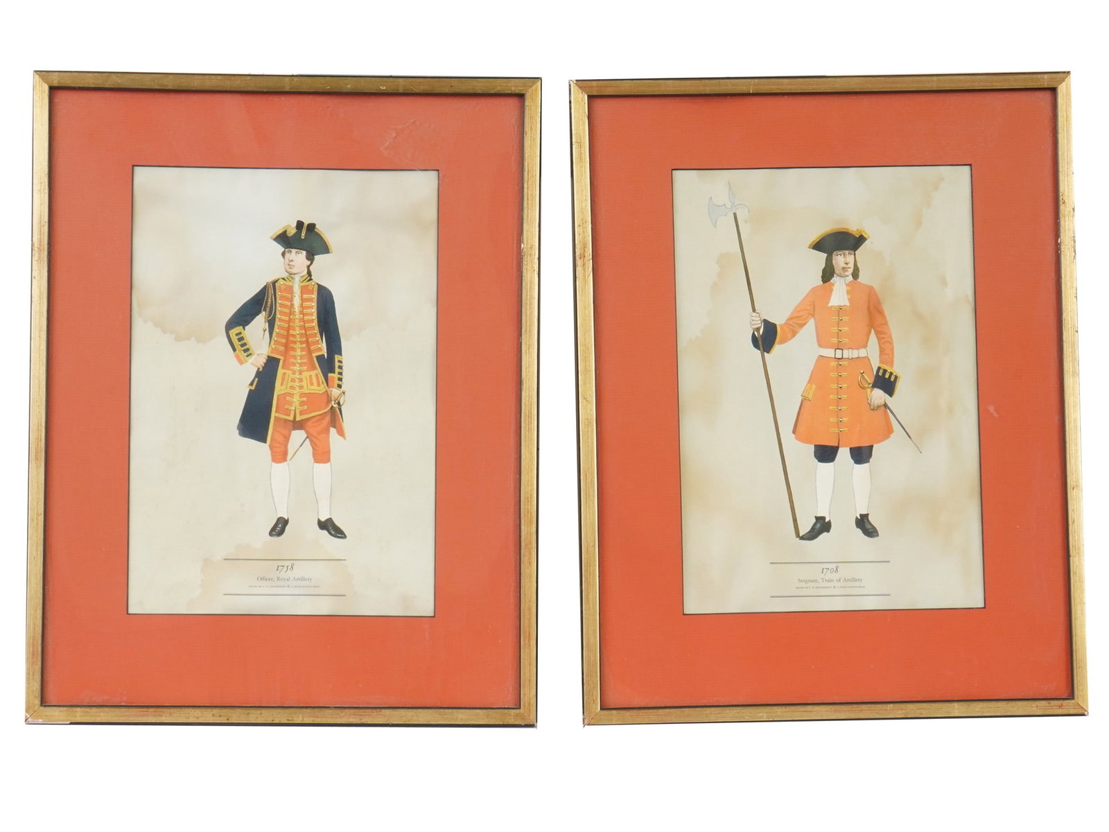 BRITISH MILITARY UNIFORM PRINTS AFTER SMITHERMAN: A pair of color prints depicting portraits of officers of the British Army 1708, Sergeant, Train of Artillery and 1758, Officer, Royal Artillery after Colonel Philip Henry Smitherman, 1910 to 1982.