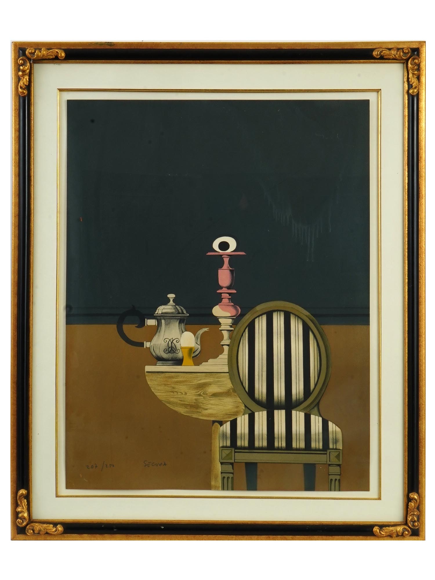 MID CENTURY MODERNIST STILL LIFE LITHOGRAPH SIGNED: Color lithograph on paper. Mid-20th century. The artwork depicts a still life with a chair and table, coffee pot, egg stand, and candlestick. Numbered 207 out of 250 and signed by the artist, Second,