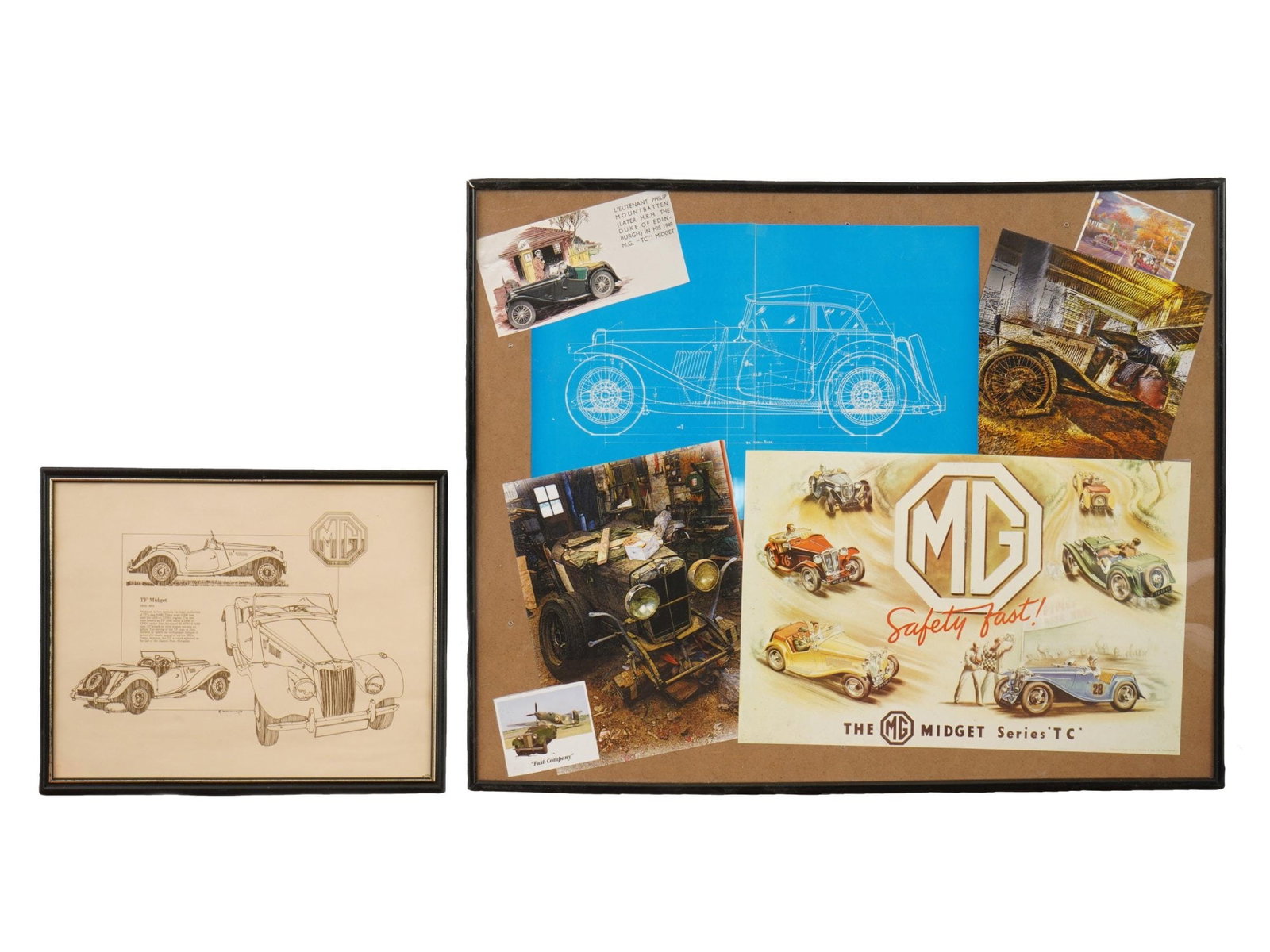 VINTAGE FRAMED MORRIS GARAGES AUTOMOTIVE DISPLAY PIECES: A group of vintage framed Morris Garages automotive display pieces, combining technical illustration, period advertising, and photographic imagery related to classic MG sports cars, particularly the M