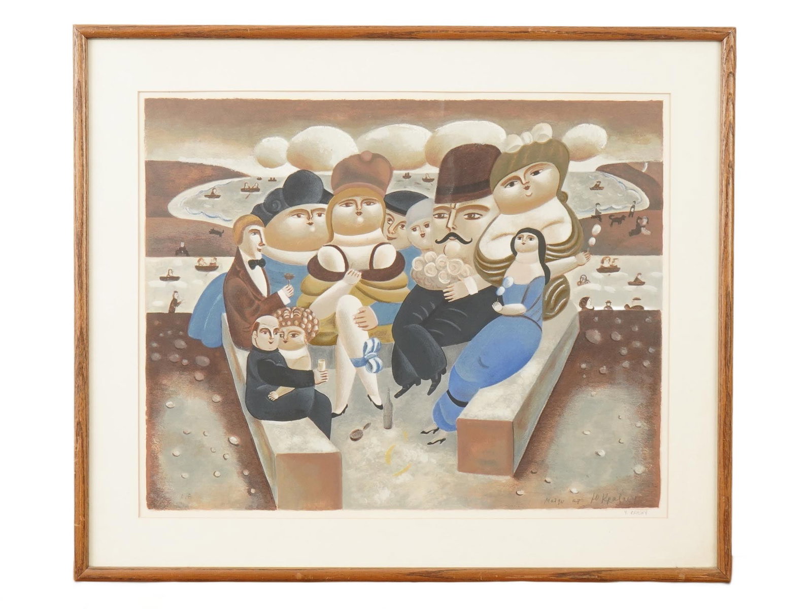 YURI KRASNY UKRANIAN AMERICAN COLOR LITHOGRAPH: Yuri Krasny, Ukranian-American, 1925 to 2005, color lithograph on paper. The artwork represents a group portrait in riverside scenery. Signed in pencil and dedicated to Margo in the lower right. Marke