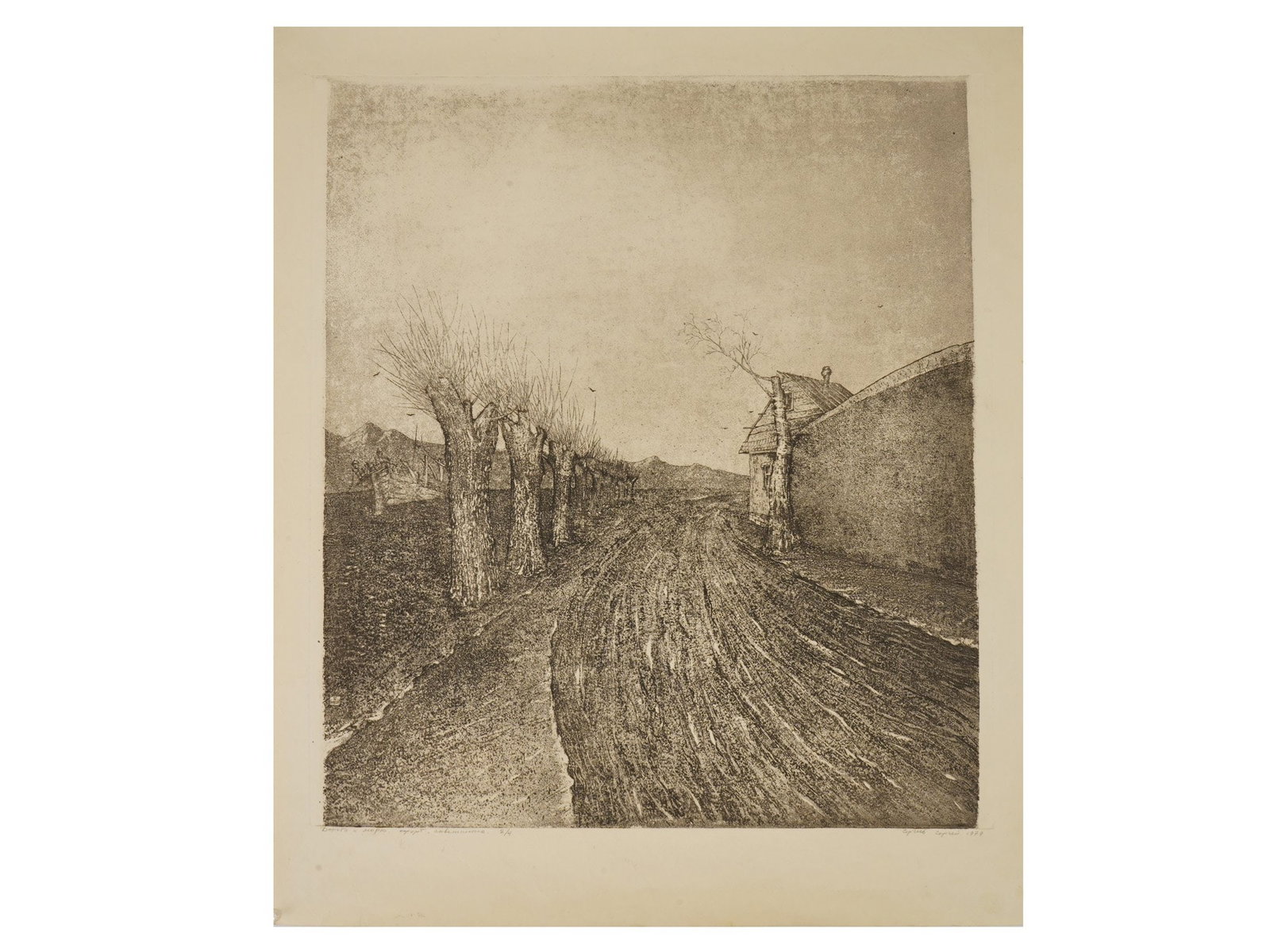SERGEY SERGEEV RUSSIAN ETCHING THE ROAD TO THE SEA 1979: Sergey Sergeev, Russian, born 1953, an etching titled The Road to the Sea, 1979. Depicting a winding country road leading toward a distant coastal landscape. Signed and dated lower right. Titled and n