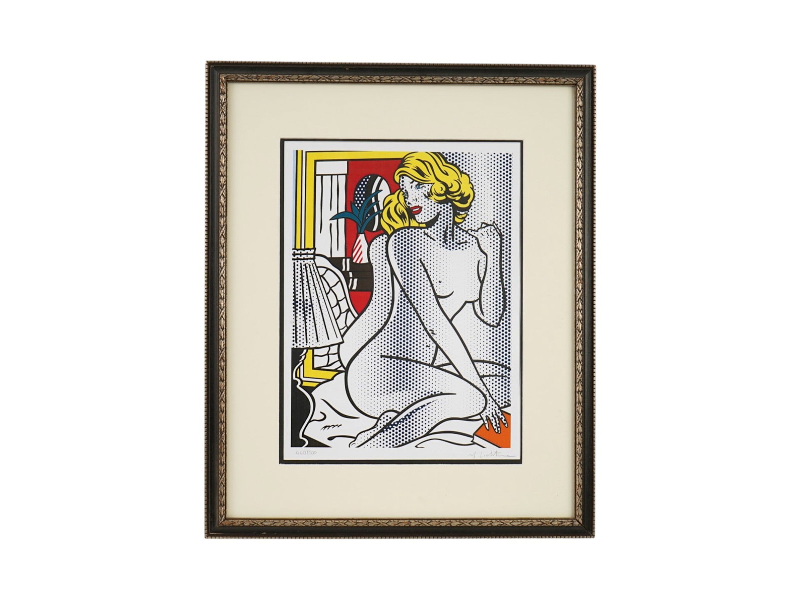 LTD ROY LICHTENSTEIN POP ART NUDE LITHOGRAPH SIGNED: A limited edition color lithograph on paper, Blue Nude from the Nude series. Circa: 1994. Signed in pencil, R. Lichtenstein, lower right. Numbered 440 of 500, lower left. Framed. Inscribed in the prin