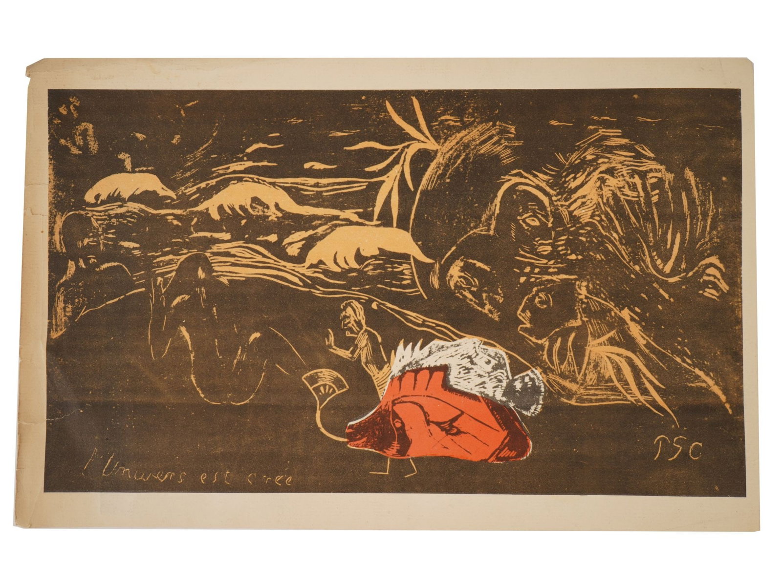 AFTER PAUL GAUGUIN PRINT CREATION OF THE UNIVERSE: A vintage print on paper after Paul Gauguin, French, 1848 to 1903, L Univers est cree, The Creation of the Universe, signed in plate lower right. Gauguin was a French painter, sculptor, printmaker, ce