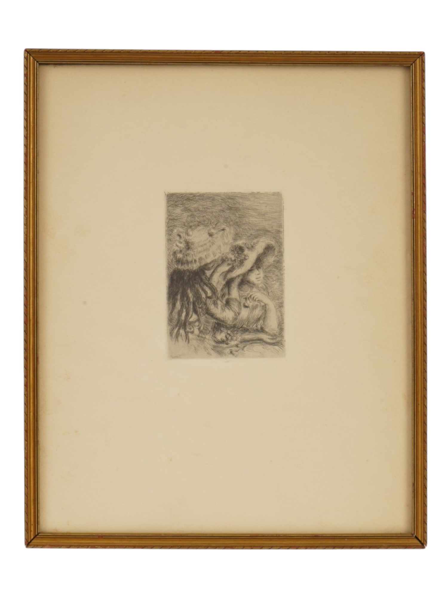 FRENCH ETCHING AFTER RENOIR THE PINNED HAT: After Pierre-Auguste Renoir, French, 1841 to 1919, an etching on paper titled Le Chapeau epingle, The Pinned Hat, dating to circa 1897. The composition depicts two young girls in an intimate scene as 