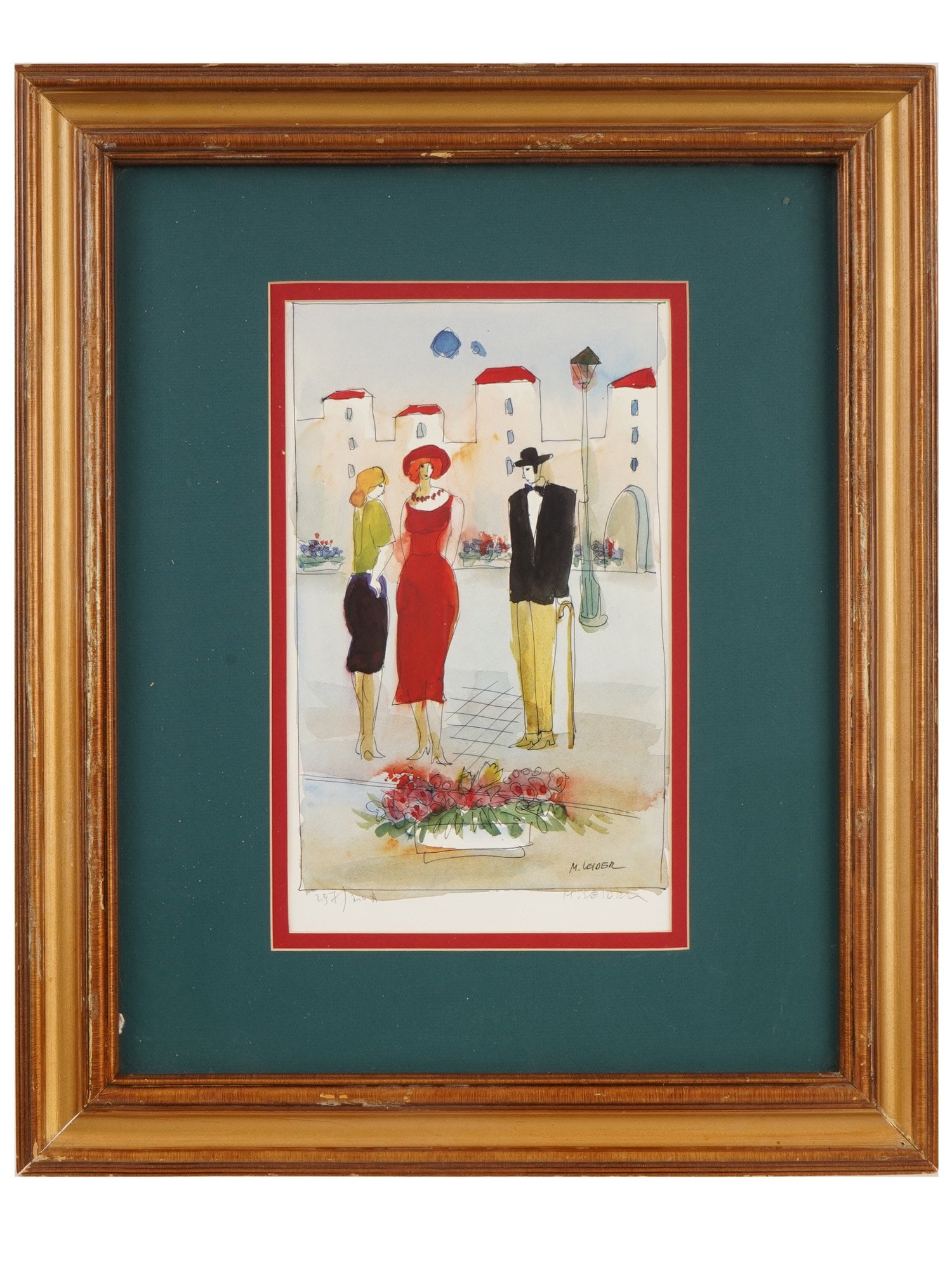 LTD JUDAICA HAND SIGNED LITHOGRAPH BY MOSHE LEIDER: A vintage limited edition hand signed lithograph by Moshe Leider, Israeli, b. 1945. The artwork depicts a street scene with smartly dressed people against a cityscape. Signed in pencil lower right. Nu