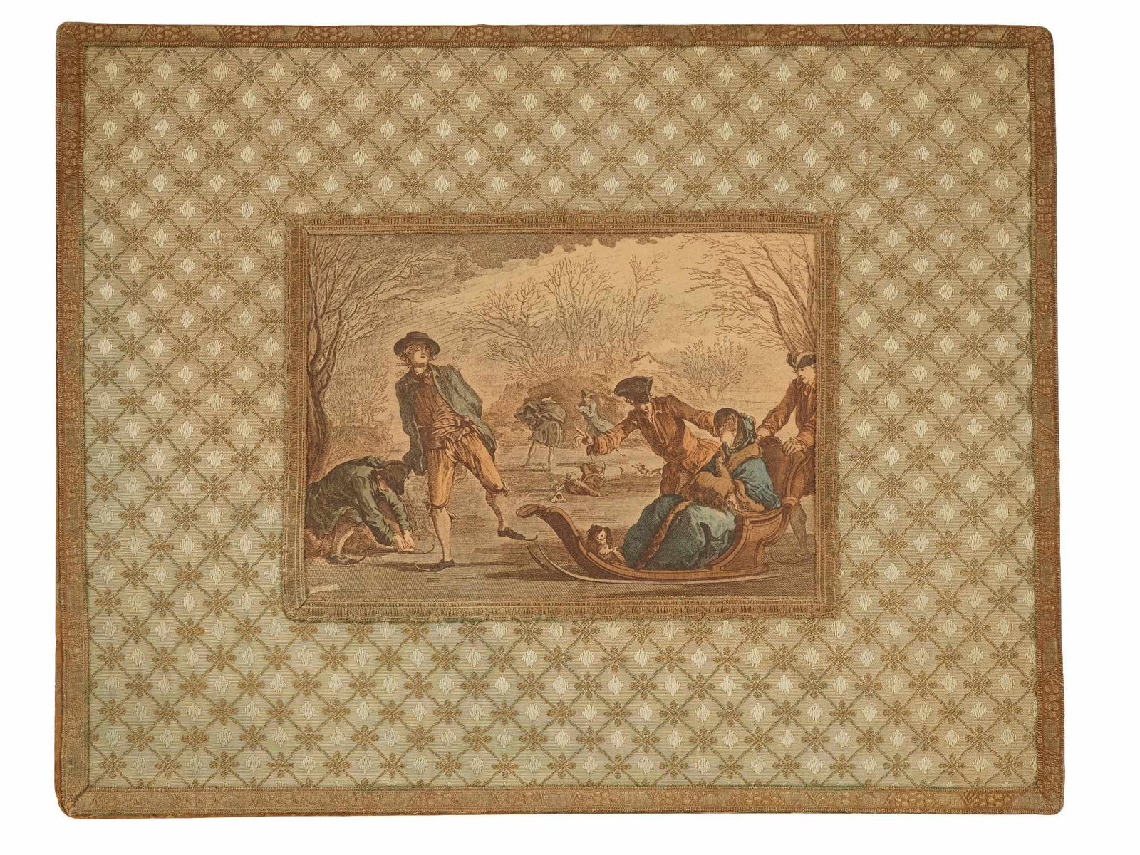 JOSEPH DE LONGUEIL FRENCH PRINT AFTER CHARLES EISEN: A color print on paper after the famous 18th century French engraving titled Winter Lhiver, created by the prominent French engraver Joseph de Longueil, 1730 to 1792, based on an original drawing by t