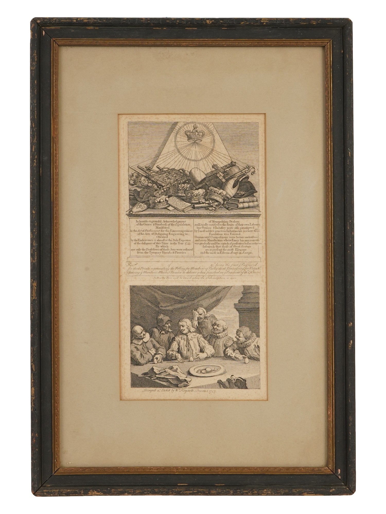 ANTIQUE BRITISH ETCHINGS BY WILLIAM HOGARTH: A pair of antique satirical etchings by William Hogarth, printed together on a single sheet and originally issued as subscription tickets. The upper image, Crowns, Mitres, Maces, etc., 1754, presents 