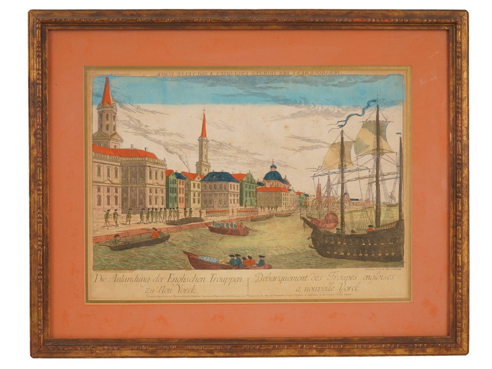 ANTIQUE ENGRAVING BY FRANZ HABERMANN NEW YORK MANHATTAN: An antique hand-colored vue doptique engraving by Franz Xaver Habermann, titled Die Anlandung der Englischen Trouppen zu Neu Yorck, published in Augsburg circa 1770. The imaginative harbor view depict