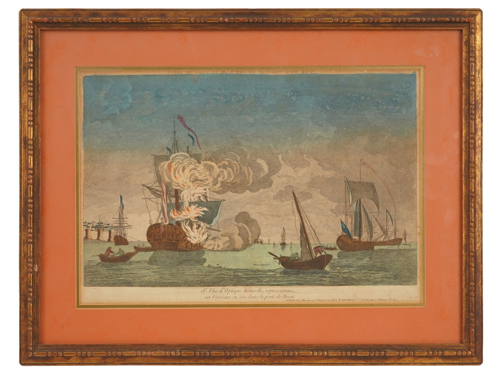 JACQUES-SIMON CHEREAU FRENCH SEASCAPE ETCHING: Jacques-Simon Chereau, French, 1760s to 1807, hand-colored etching on paper. Titled 18eme Vue d'optique nouvelle, representant un vaisseau en feu dans le port de Brest. Landscape with battle ships. Da