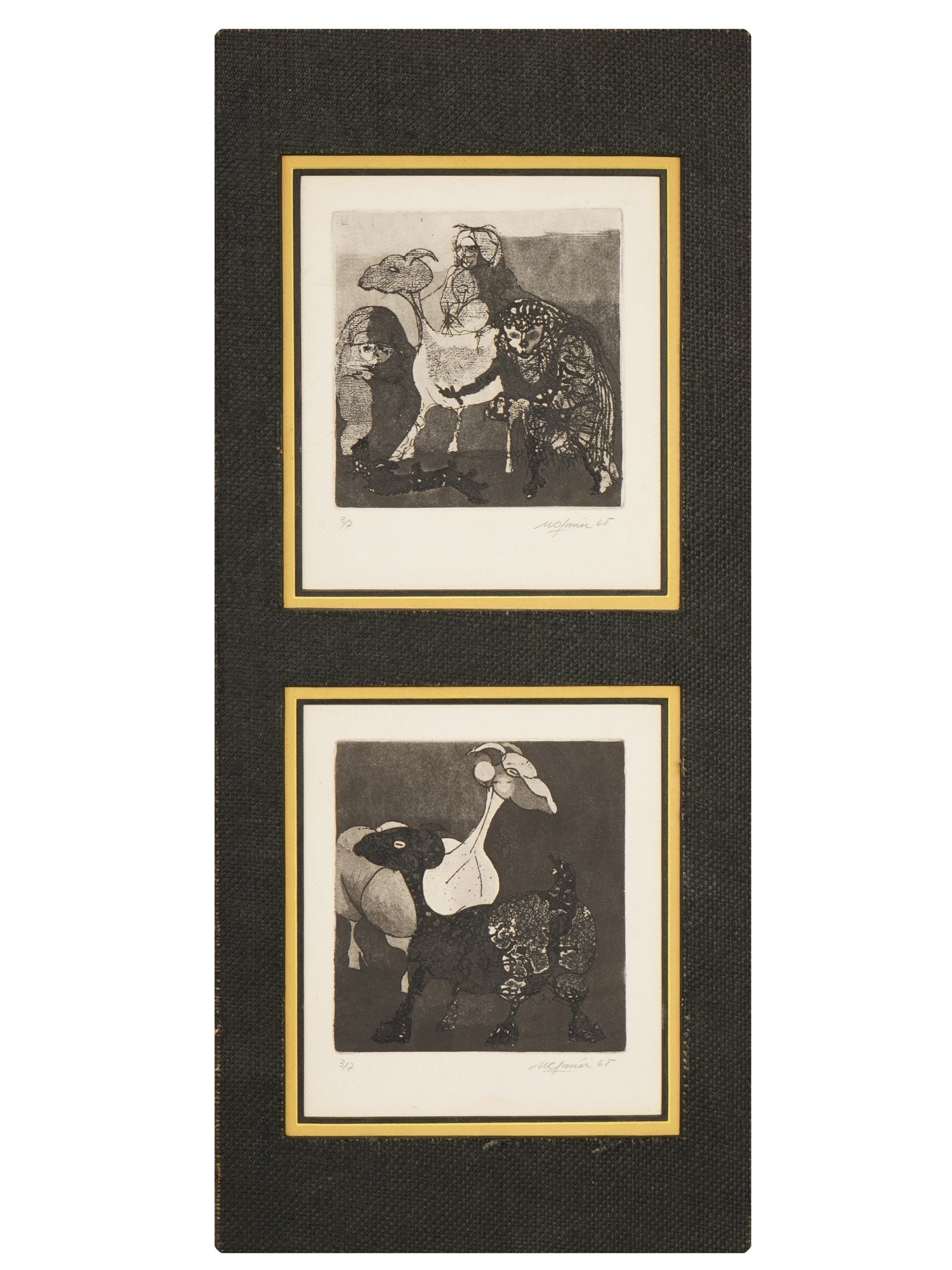 PAIR OF LIMITED EDITION ETCHINGS GOATS SIGNED: Lot of two etchings on paper, framed together. Belonging to the same series, the artworks depict goats and shepherds. Abstract modernist pictorial manner. Illegibly signed and dated 1965 lower right. 