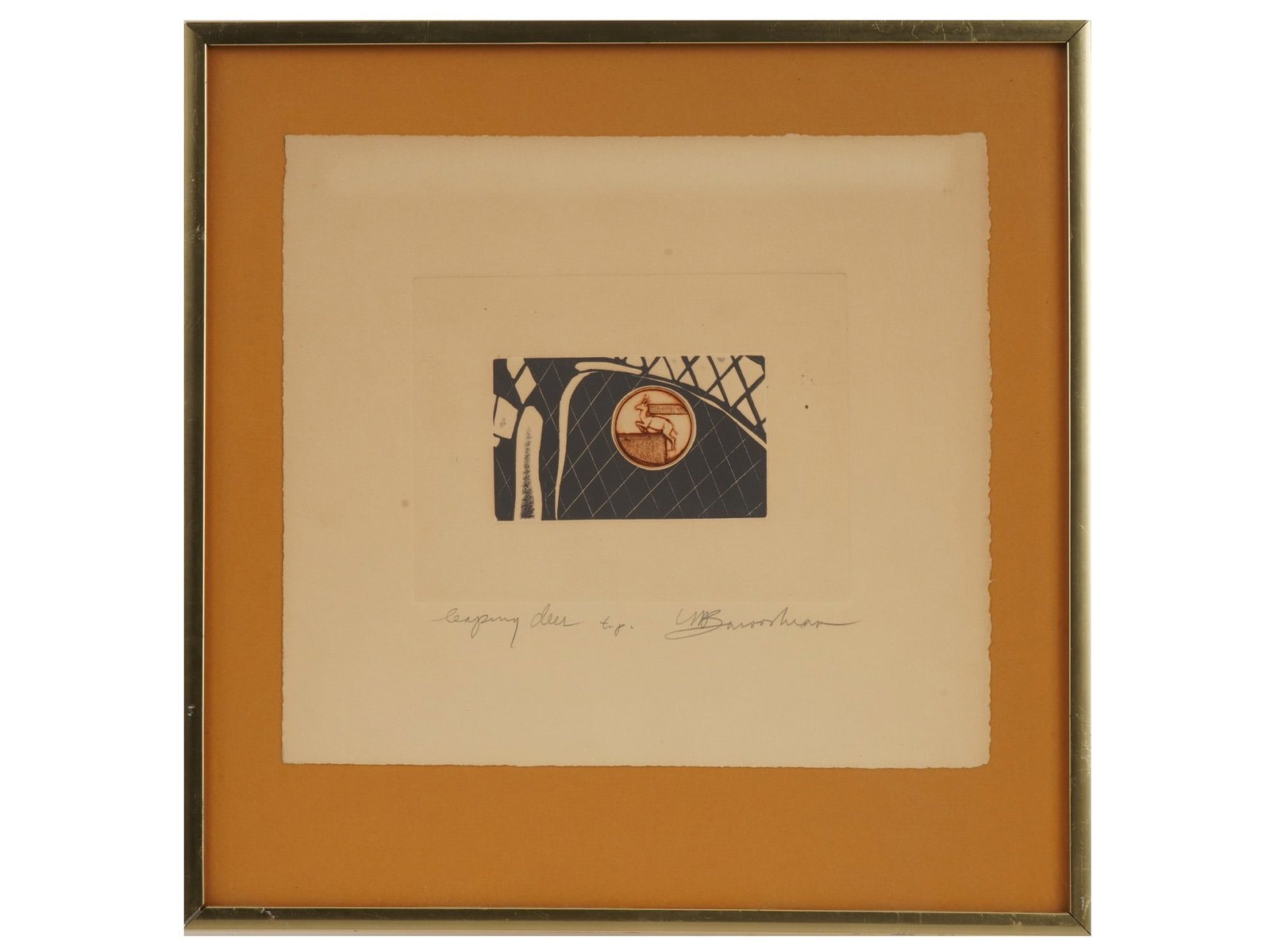 AMERICAN LEAPING DEER ETCHING BY MARTIN BAROOSHIAN: Martin Barooshian, American, 1929 to 2022, an etching on paper, Leaping Deer, ca late 20th century. Signed in pencil, lower right. Titled in pencil, lower left. Framed. The Charles Z. Mann Gallery Inc