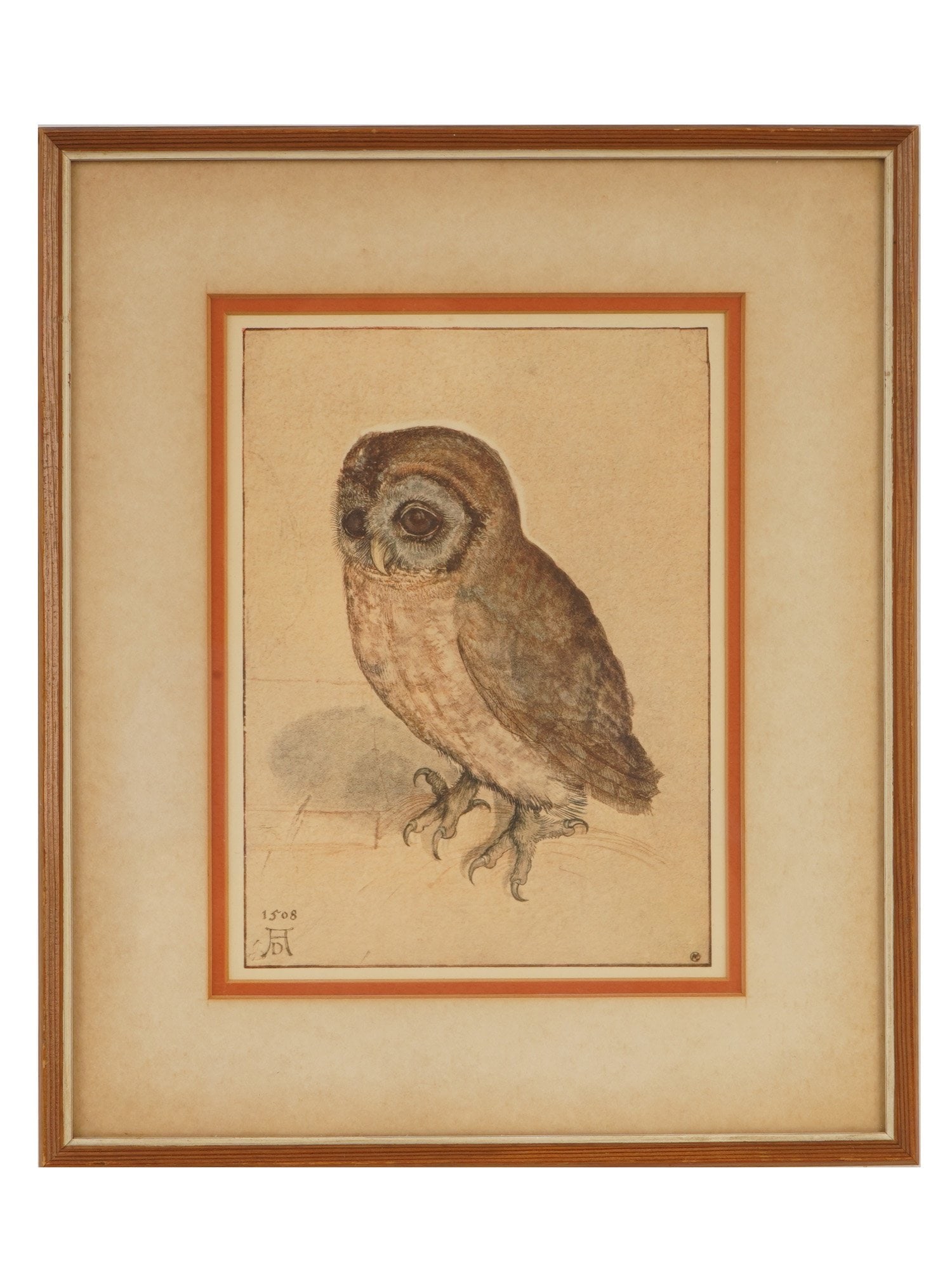 EUROPEAN OWL COLOR LITHOGRAPH AFTER ALBRECHT DURER: A color lithograph on paper, Tawny Owl, after the original watercolor painting on paper, 1508, by Albrecht Durer, 1471 to 1528. Signed with monogram and dated 1508 in the print, lower left. Framed. Al