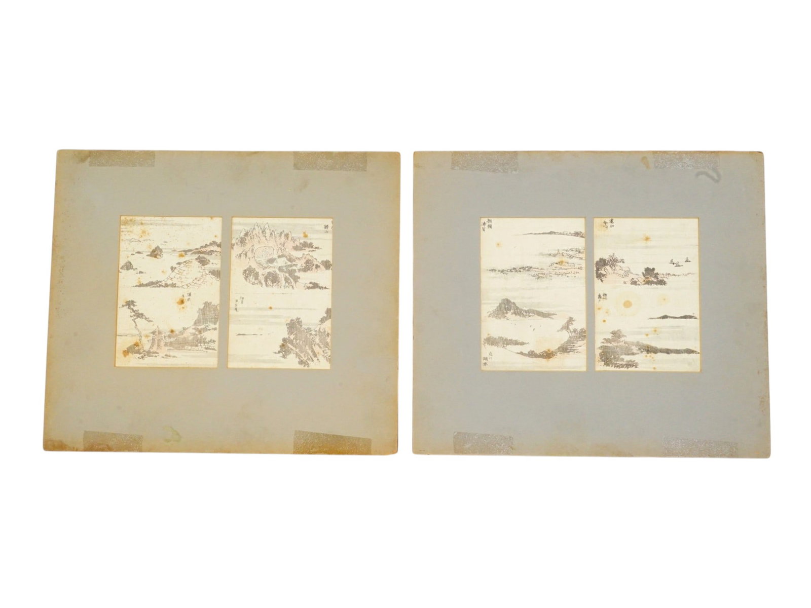 KATSUSHIKA HOKUSAI JAPANESE WOODBLOCK MANGA PRINTS: A lot of four antique woodblock prints in the Ukiyo-e style by Katsushika Hokusai. The original engravings by Hokusai from his Manga, which he conceived in 1812, are a book spread. All items depict tr