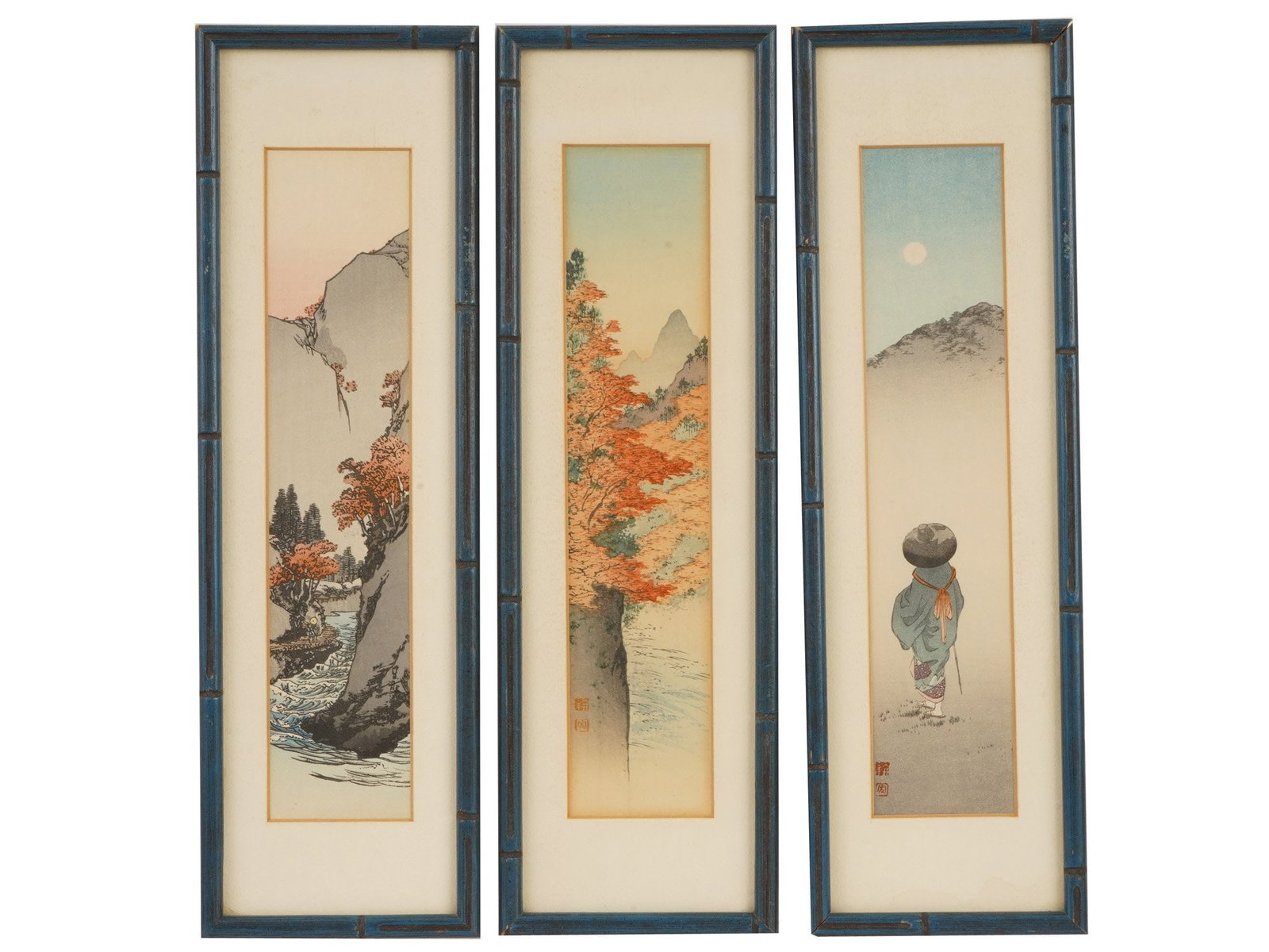 JAPANESE WOODBLOCK PRINTS BY YOSHIMOTO GESSO: A set of three antique matching Japanese woodblock prints in tanzaku-ban format by Shin-Hanga master Yoshimoto Gesso, 1881 to 1936. The compositions depict a mountain stream with autumn foliage, a mis