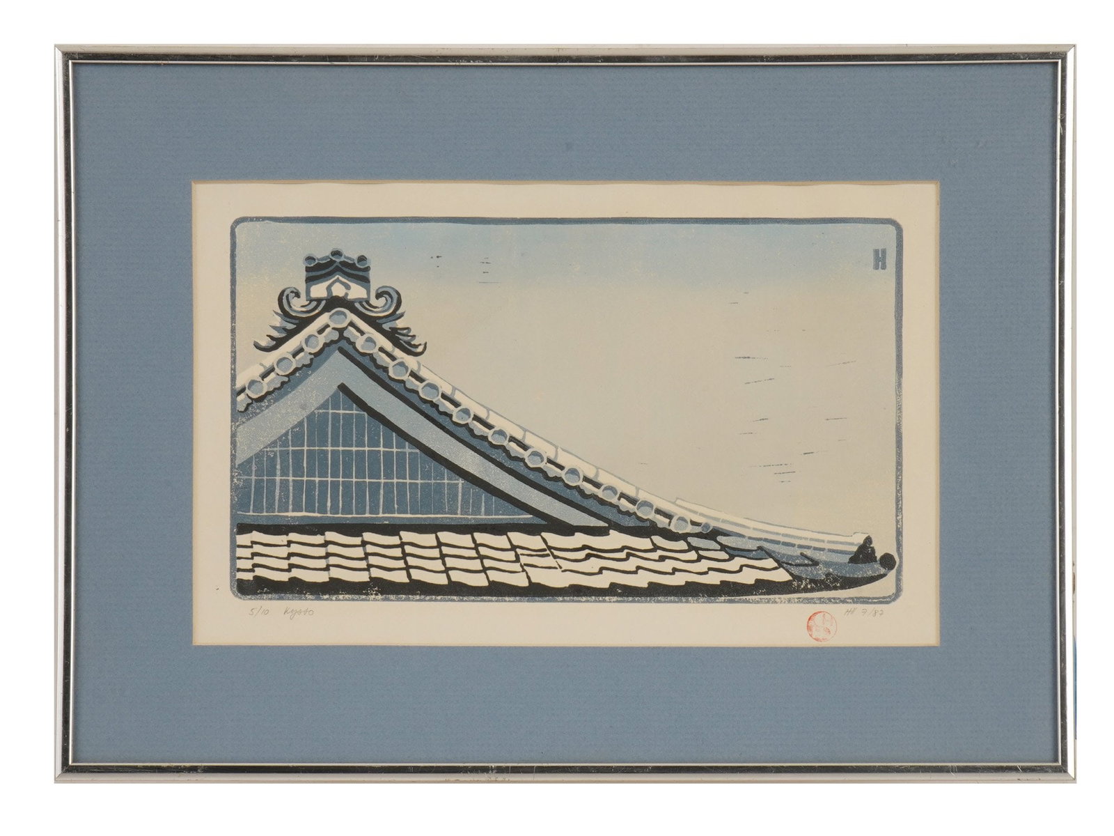 LTD JAPANESE KYOTO WOODBLOCK PRINT SIGNED STAMPED: A limited edition Japanese woodblock print on paper, Kyoto. Signed in pencil, stamped, numbered 7 of 87 in pencil, lower right. Numbered 5 of 10 and titled in pencil, lower left. Framed. Asian and Ori
