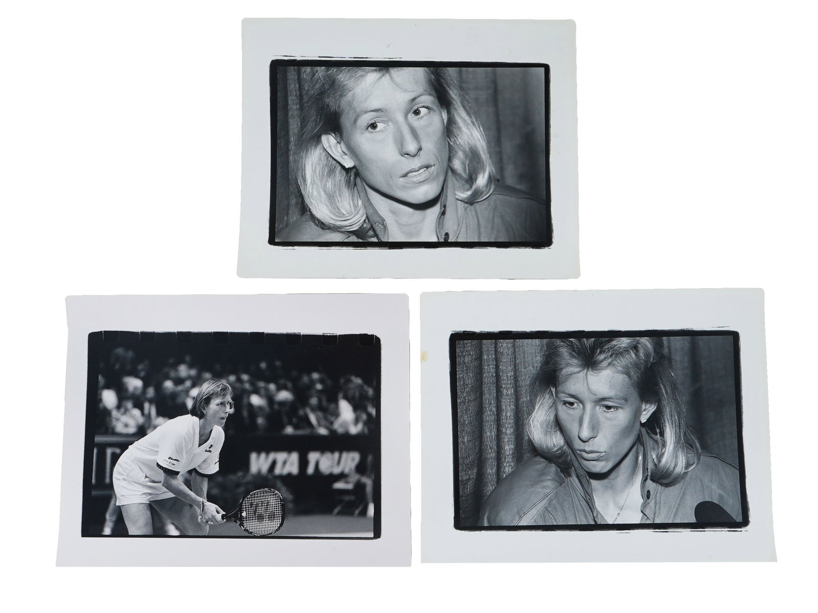 THREE PHOTOS OF TENNIS PLAYER MARTINA NAVRATILOVA: A lot of three vintage black and white photos of Martina Navratilova. Each is hand inscribed verso, two photos are dated 1989 and one dated 1994. Martina Navratilova is a Czech-American former profess