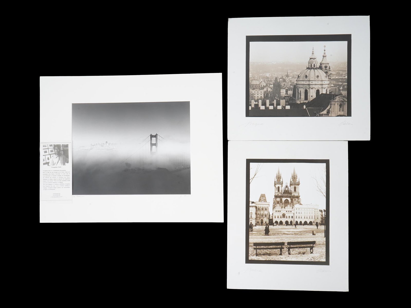 VINTAGE KOREAN PHOTOGRAPHS BY YOUNGBOK PARK: A lot of three vintage photographs by Korean artist Youngbok Park. The photographs depict cityscapes of various cities around the world, including Prague, San Francisco, and Venice. All the photos are
