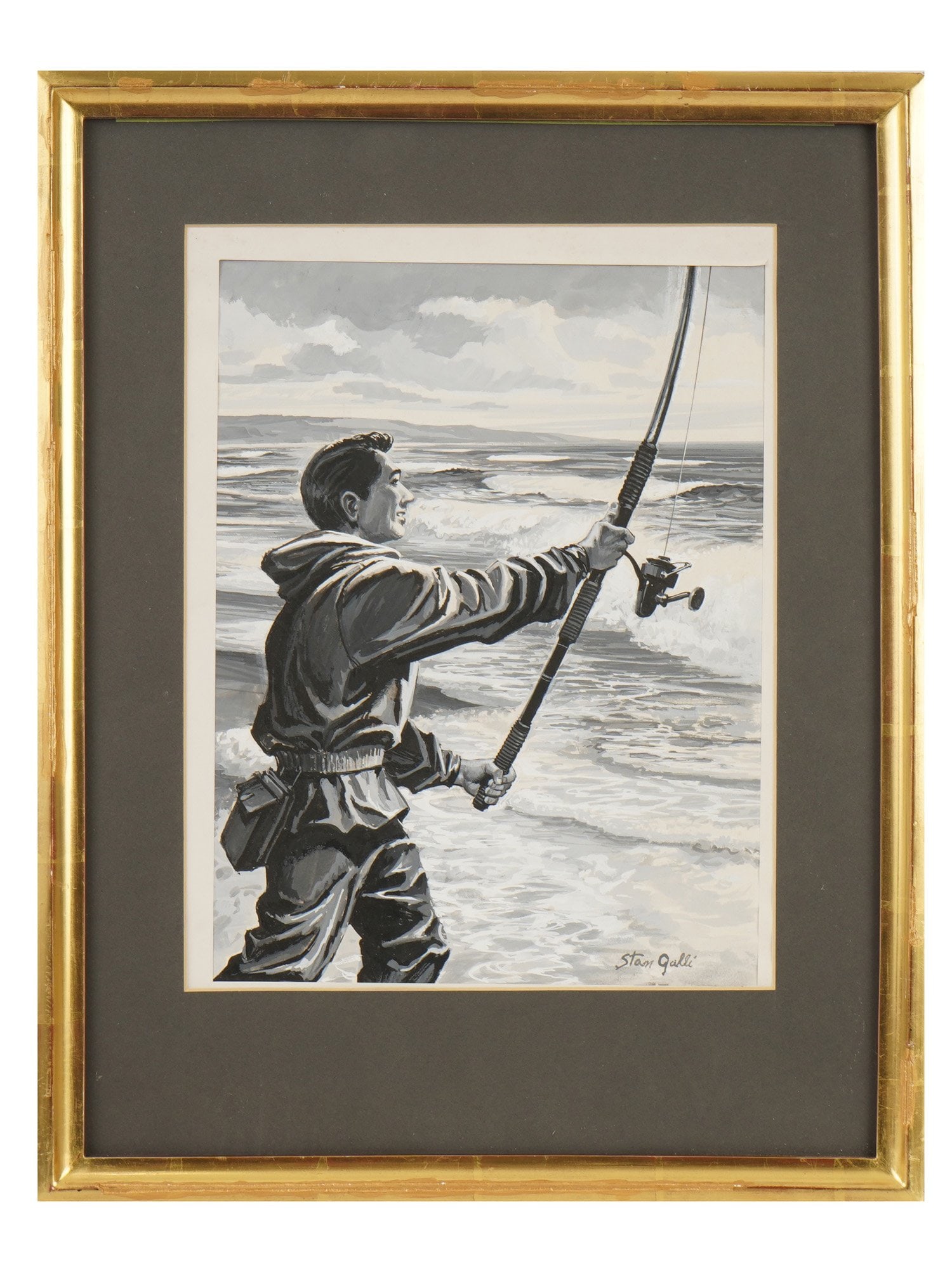 MALE PORTRAIT GOUACHE PAINTING SIGNED STAN GALLE: Gouache painting on paper. American, mid to late 20th century. The artwork depicts a fisherman by the sea. Monochrome piece. Signed lower right, Stan Galle. Framed. Collectible Graphic Art, Figurative