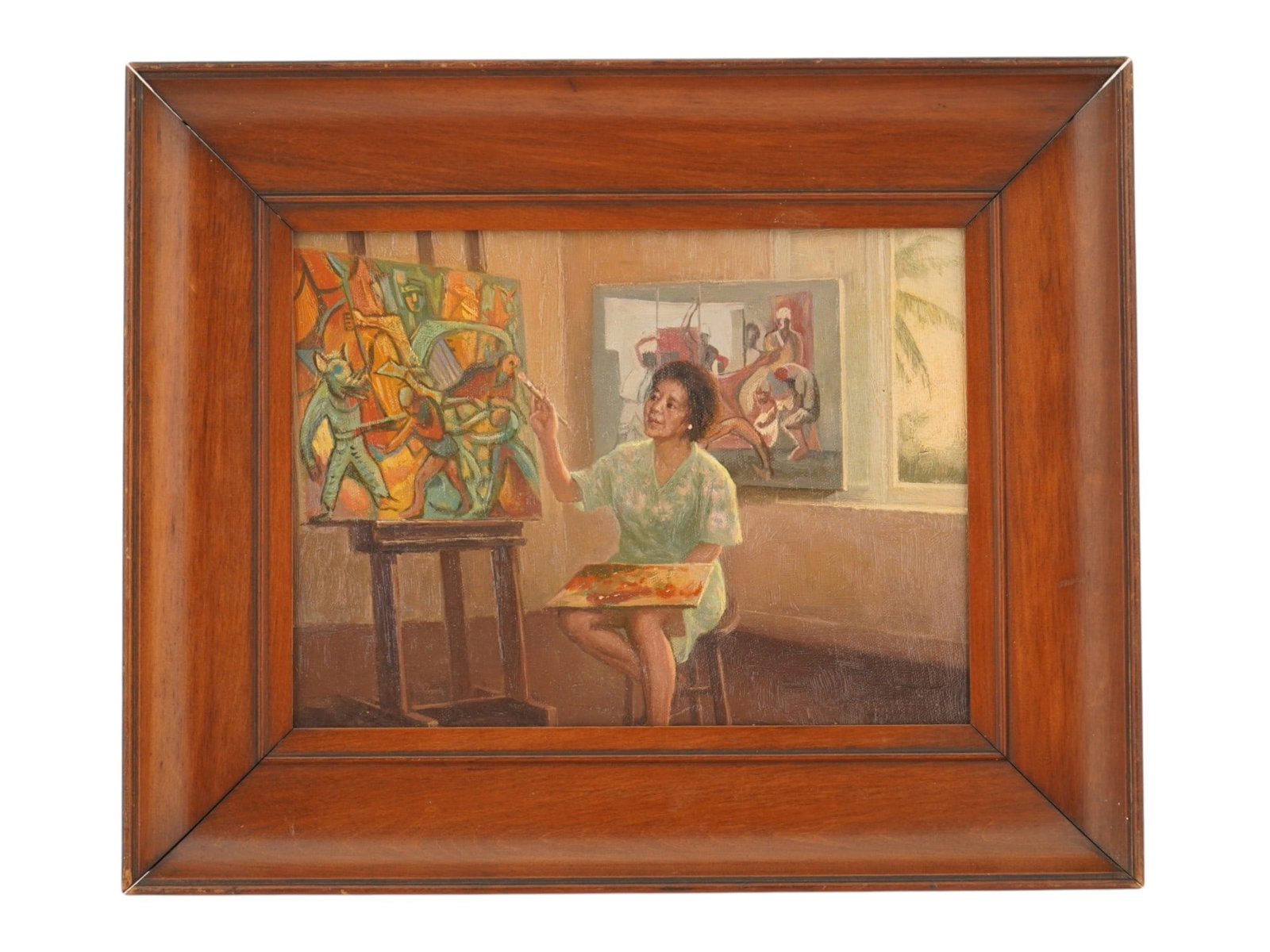 PORTRAIT OF TRINIDAD ARTIST SYBIL ATTEK OIL PAINTING: Oil painting on masonite. The artwork depicts a woman painting a large multi-figure composition. Titled on the backside: Sybil Attek in Studio, Trinidad and Tobago. Undated, unsigned. Framed. Sybil Ma