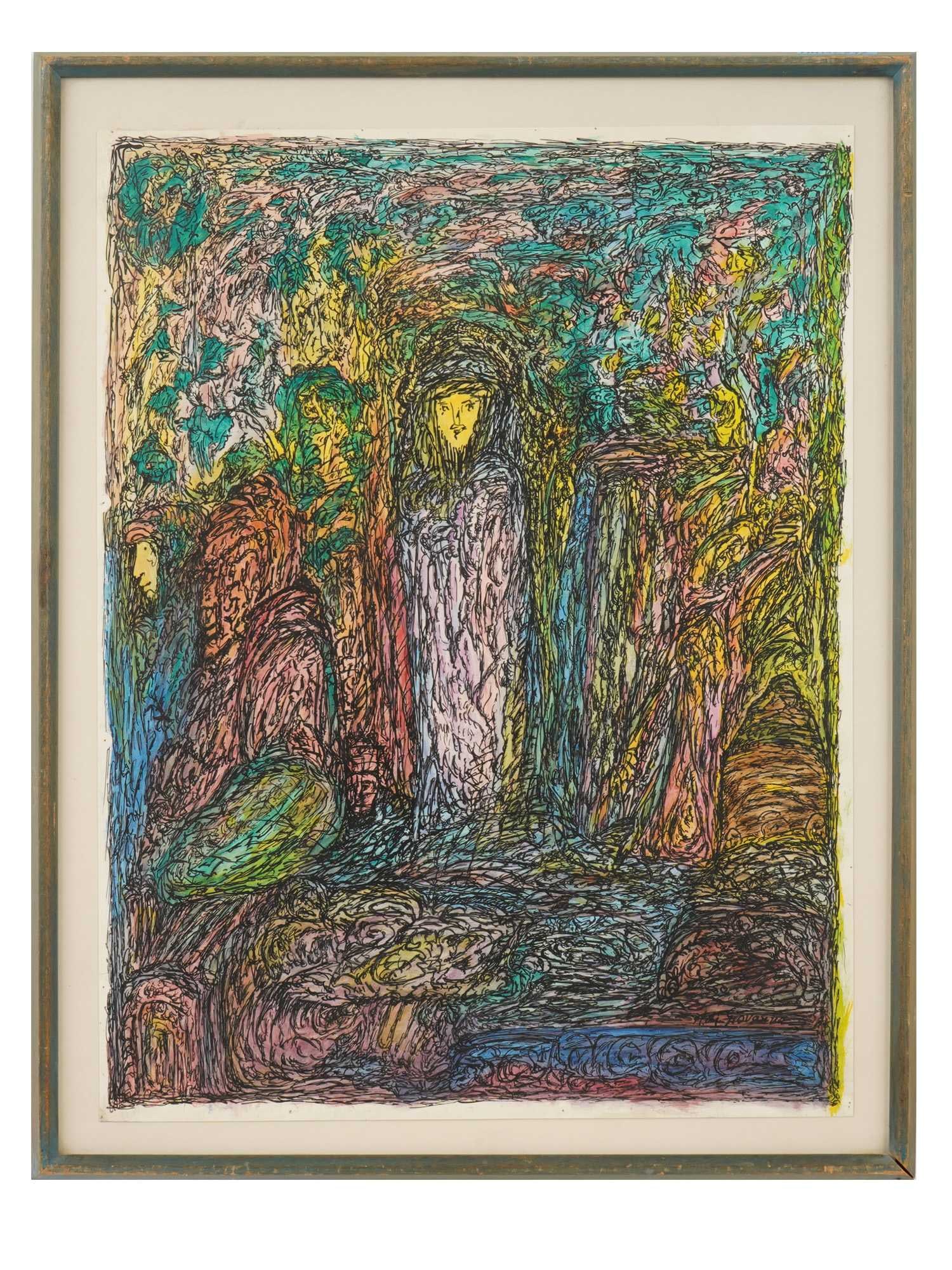 MODERN ITALIAN PAINTING SIGNED NINO DI GIOVANNA: A contemporary Italian mixed-media painting on paper signed Nino Di Giovanna. The abstract surrealist composition depicts a ghostly central figure within a richly textured landscape. Framed. Modern Pa