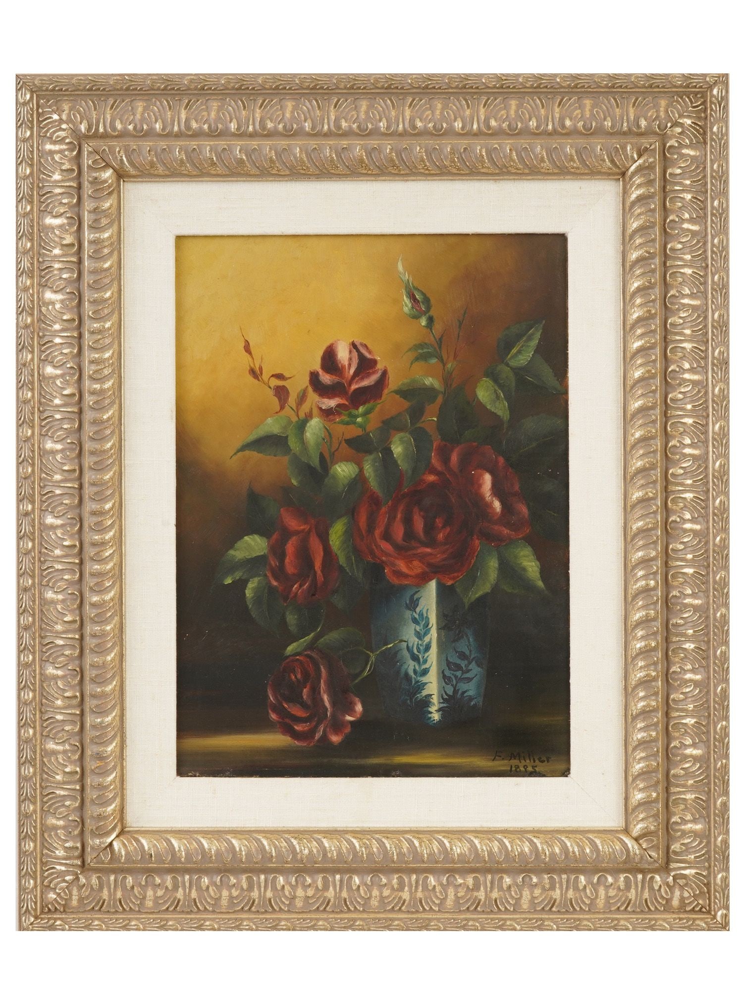 AMERICAN OIL PAINTING BY FRANKLIN HARRISON MILLER: Franklin Harrison Miller, American, 1843 to 1911, an oil painting on canvas depicting a still life with flowers. Signed and dated 1885, lower right. Framed. Franklin Harrison Miller was an American pa