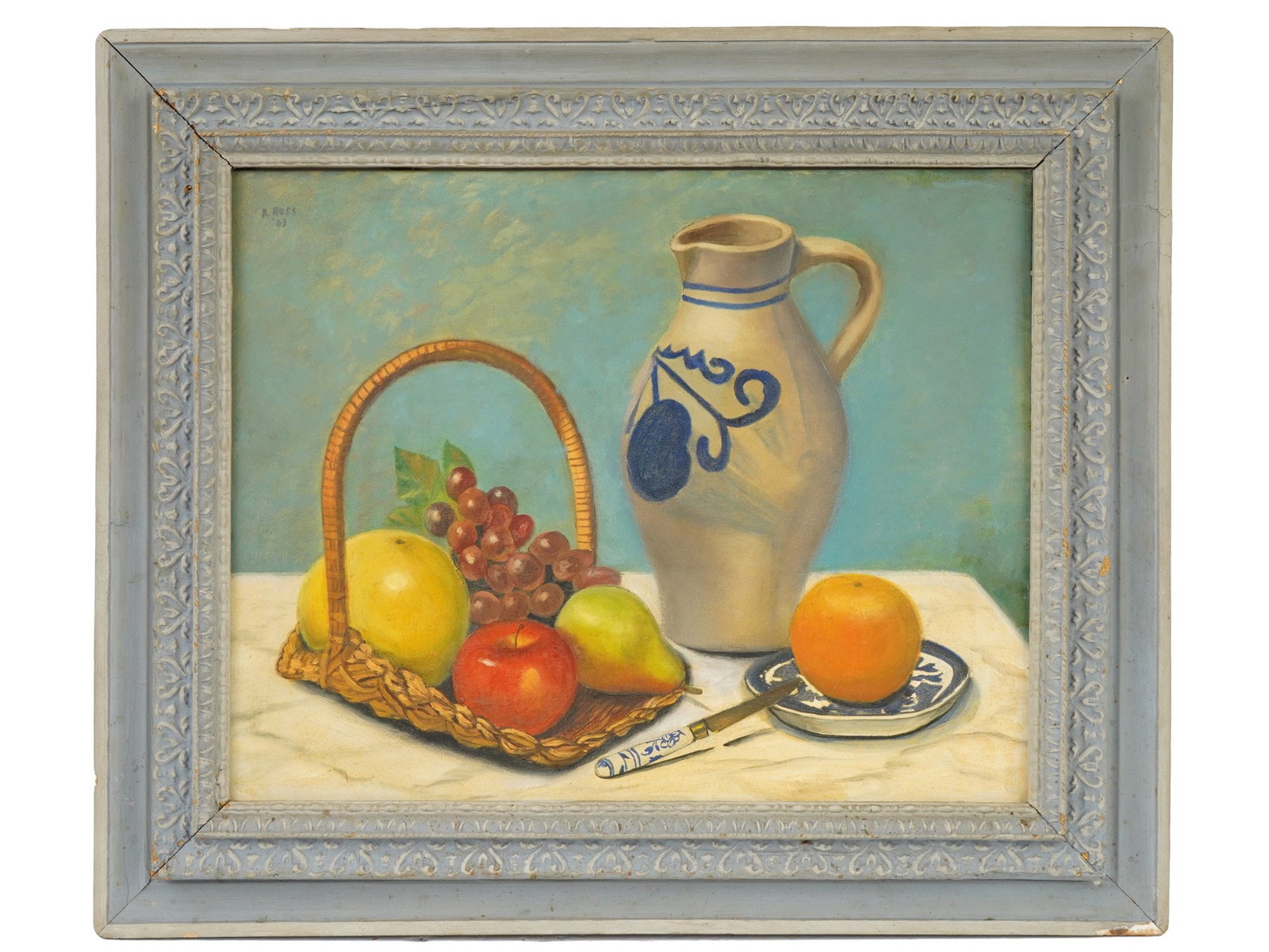 AMERICAN STILL LIFE OIL PAINTING BY DOROTHY ROSS: Dorothy Ross, a Modernist American artist, an oil painting on canvas mounted on board depicting a still life with fruits. Signed and dated 63, upper left. Framed. Additionally inscribed, Dorothy Ross,