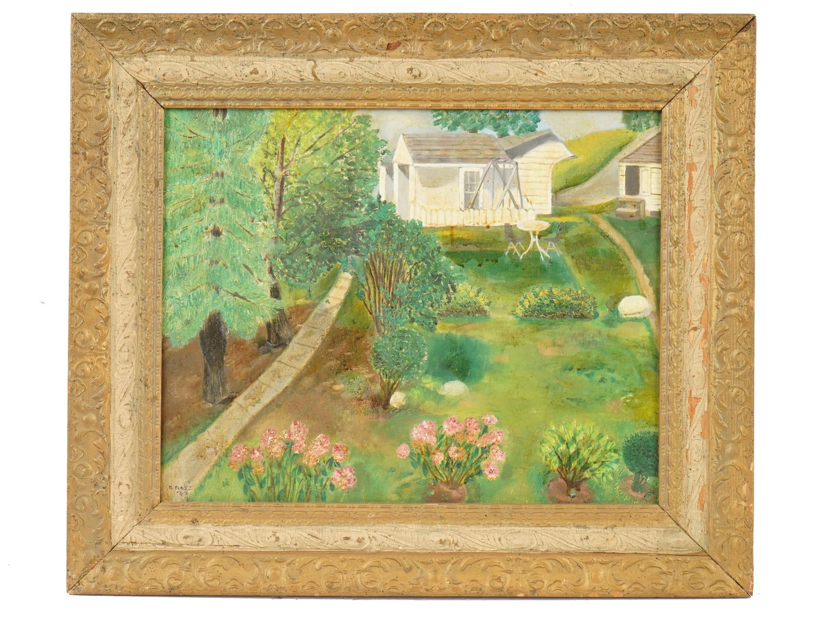 MID CENTURY OIL LANDSCAPE PAINTING SIGNED: A mid-century oil painting on board, depicting a garden landscape scene. Executed in a folk art style, the composition features simplified forms, flattened perspective, and carefully arranged elements