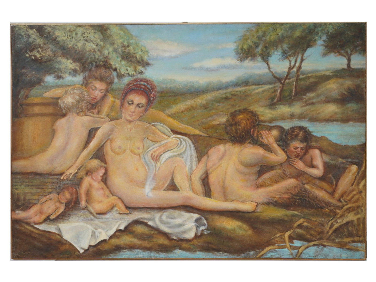 AMERICAN SCHOOL BATHING SCENE OIL PAINTING BY D ROSS: An American School oil painting on canvas depicting a bathing genre scene. Signed, D. Ross, lower left. Framed. American School Oil Paintings, Genre Scenes, and Collectibles. One of a kind artwork. TH