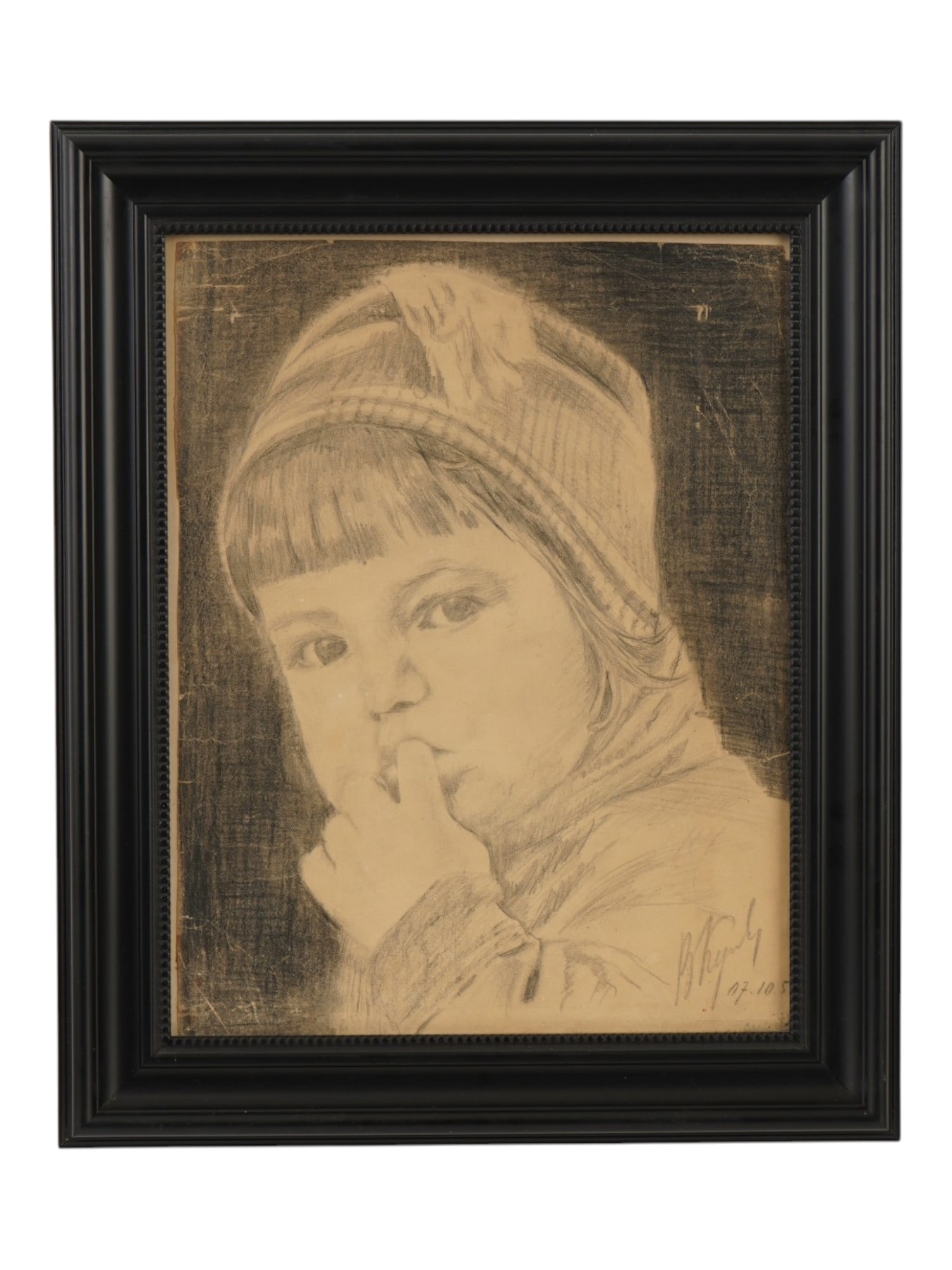 PORTRAIT PAINTING OF A YOUNG CHILD SIGNED: A graphite portrait drawing on paper, signed and dated lower right. The composition depicts a young child. Presented in a decorative frame. Portrait Drawings And Art Collectibles. THIS LOT IS ELIGIBLE