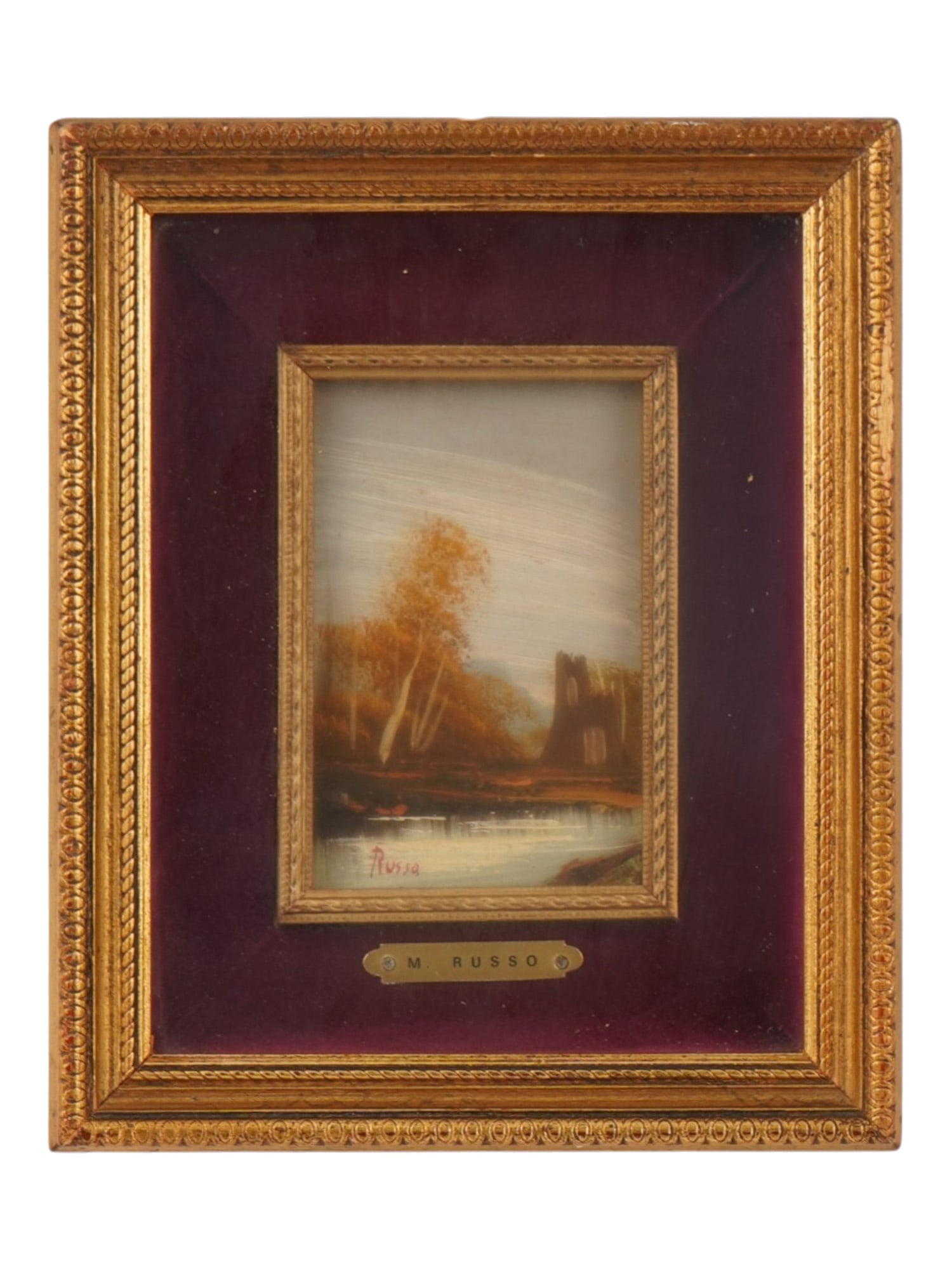 MARIO RUSSO ITALIAN FALL LANDSCAPE OIL PAINTING: Mario Russo, Italian, 1925 to 2000, oil painting on wood panel. Autumnal view of a river with architectural ruins in the background. Signed lower left. Undated. Framed. Collectible Fine Art, Figurativ