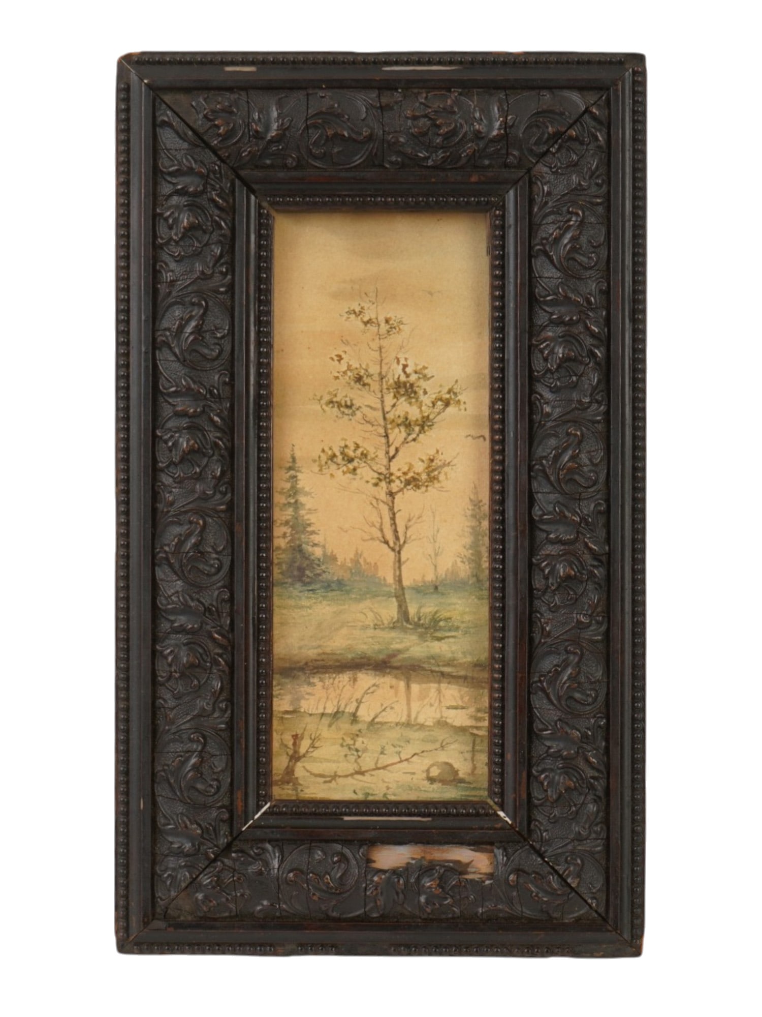 ANTIQUE WATERCOLOR ON PAPER LANDSCAPE PAINTING: An antique watercolor on paper landscape painting. The elongated vertical painting depicts a wild forest landscape with graceful, fine lines. Circa early to mid 19th century. Placed in a black frame w