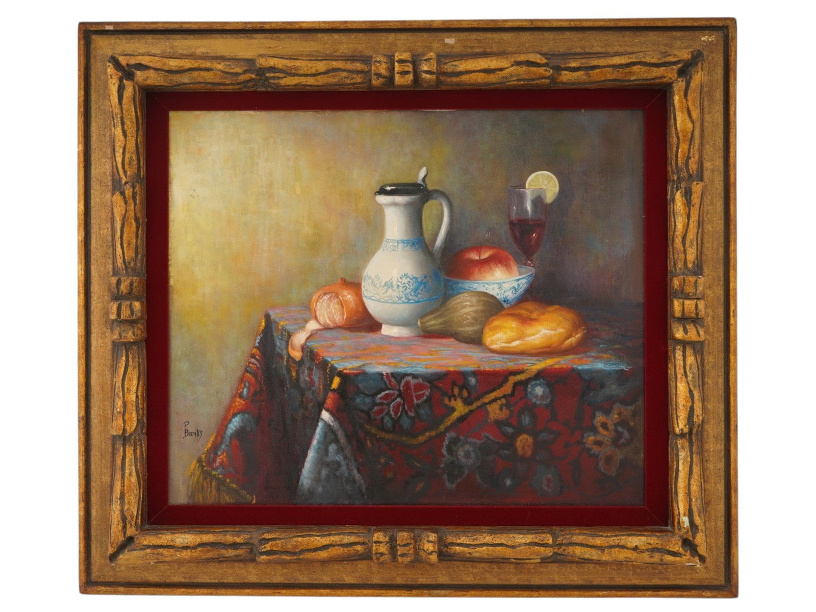 MODERNIST STILL LIFE OIL PAINTING BY PAUL BANKS: Paul Banks, a Modernist English artist, an oil painting on canvas depicting a still life depicting a central white glazed pitcher decorated with blue motifs, flanked by a bowl of fruit and a glass of 