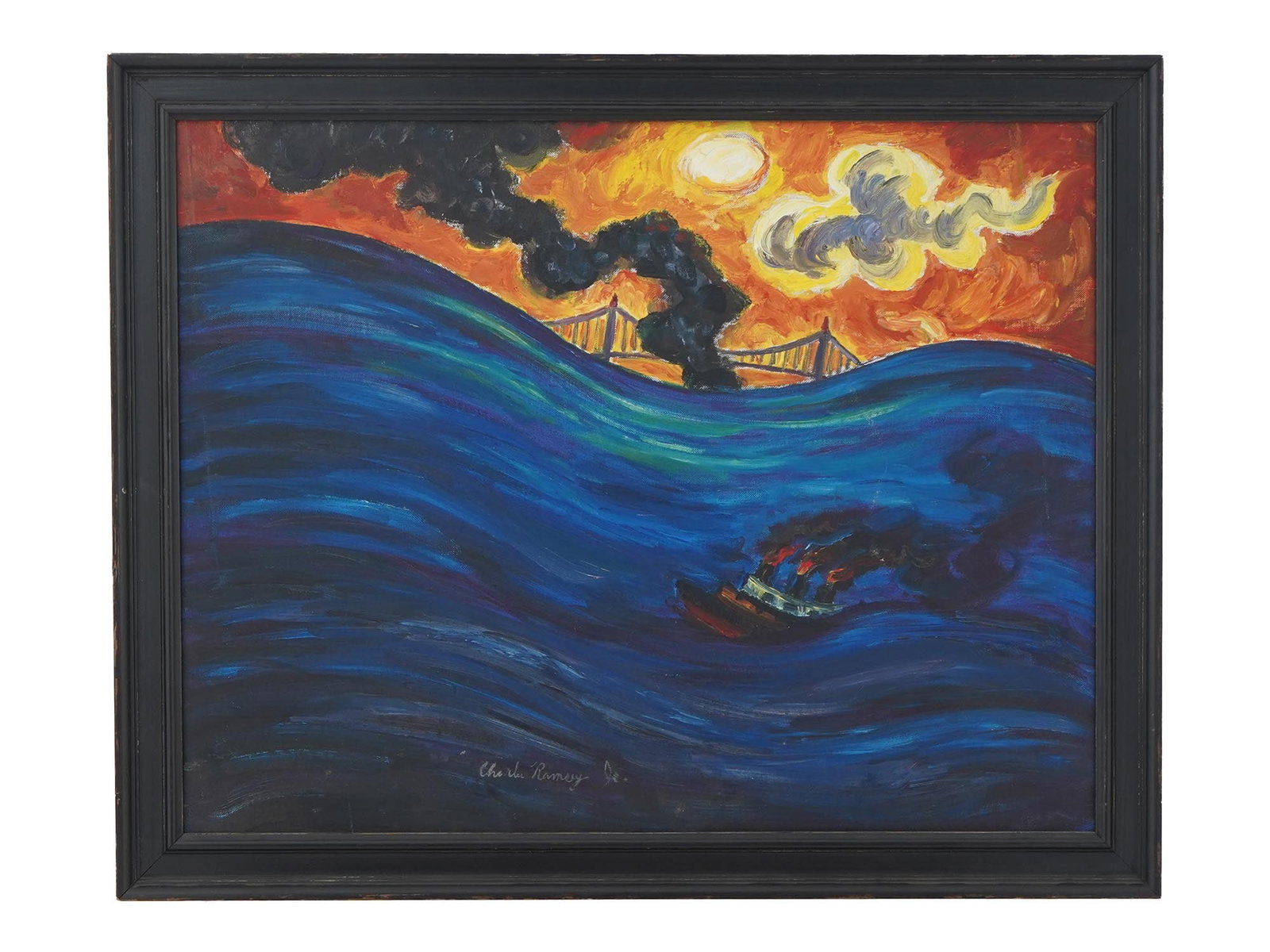 CHARLES RAMSEY JR AMERICAN SEASCAPE OIL PAINTING: Charles H. Ramsey Jr., American, born 1929, oil on canvas painting. The artwork depicts a steamboat on water with clouds of smoke in the sky. Signed in the bottom middle. Undated. Framed. Charles Rams