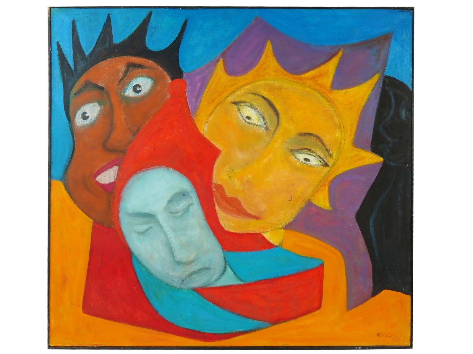 AMERICAN PAINTING THREE FACES BY ELIZABETH CHATER: Elizabeth Chater, American, 20th century, oil on canvas painting depicting three faces. Signed. Between the wars in the 1920s, Libby Chater traveled to Paris twice to study painting and portraiture. S
