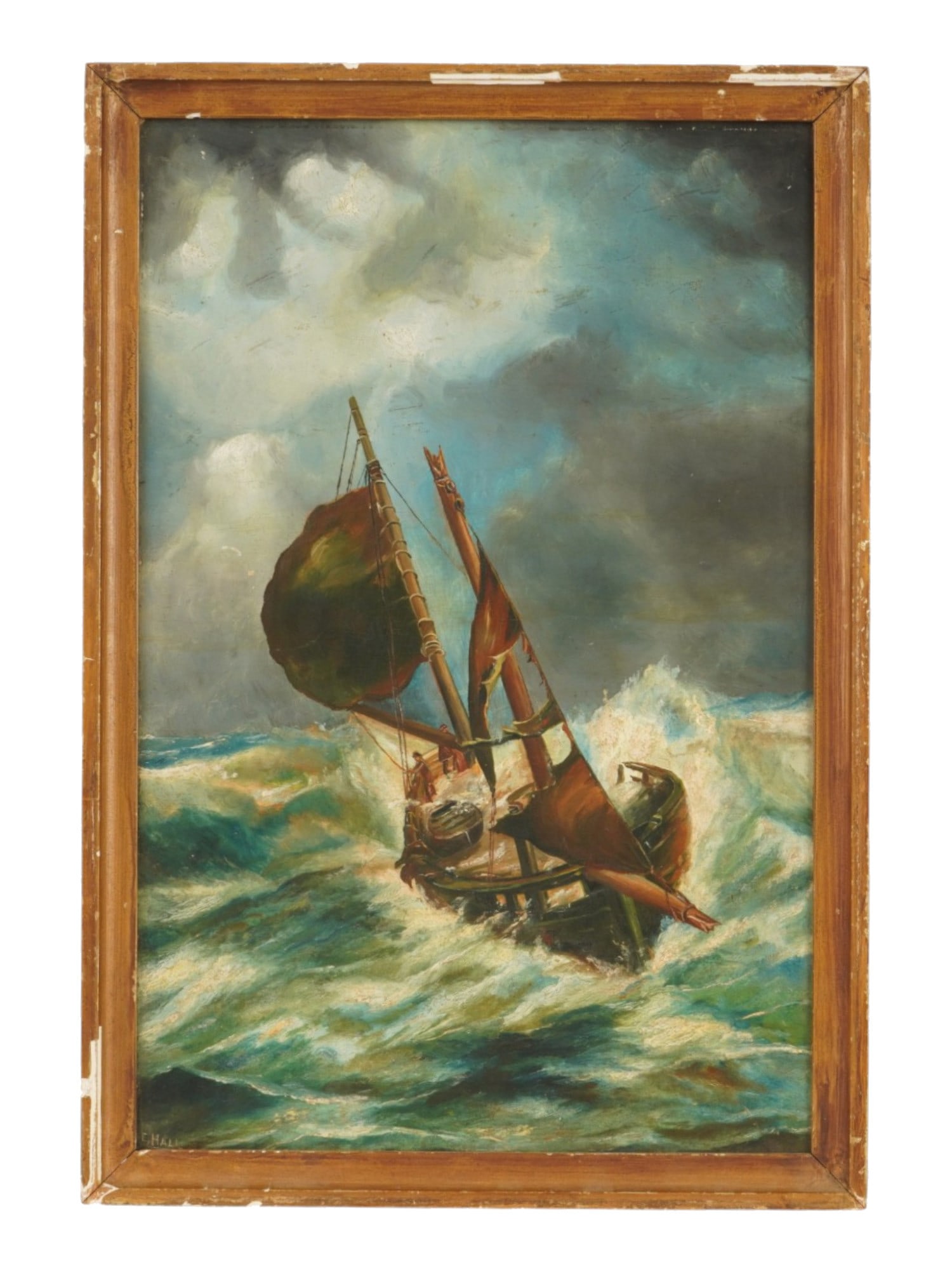 MID CENTURY MARITIME OIL PAINTING SIGNED E. HALL: A mid-century maritime oil painting on board depicting a sailing vessel battling a turbulent sea beneath a dramatic, cloud-filled sky. Signed E. Hall at the lower left and presented in a frame. Mid-Ce