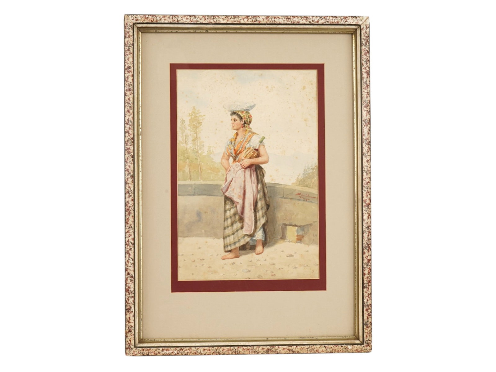 AMELIO SCHWICKER ITALIAN PORTRAIT WATERCOLOR PAINTING: Amelio Schwicker, Italian, 19th century, watercolor painting on paper. Full-length portrait of a young woman carrying a wine jug. Signed lower right. Undated. Framed. Collectible Graphic Art, European