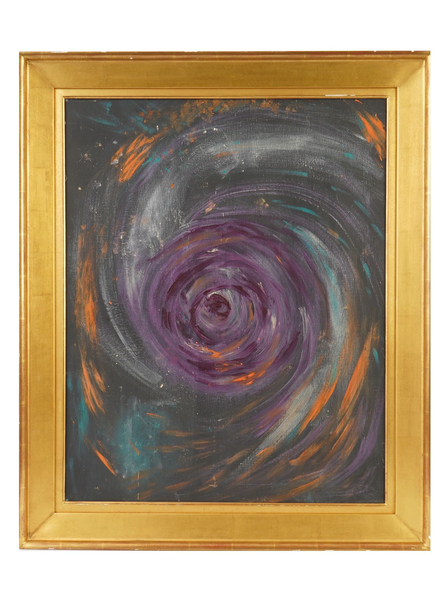 ABSTRACT ACRYLIC PAINTING SIGNED JOANN MAIER 1975: An abstract acrylic painting on canvas signed Joann Maier features a dynamic, gestural composition centered on a swirling violet and blue vortex reminiscent of a floral form. The work is signed and da